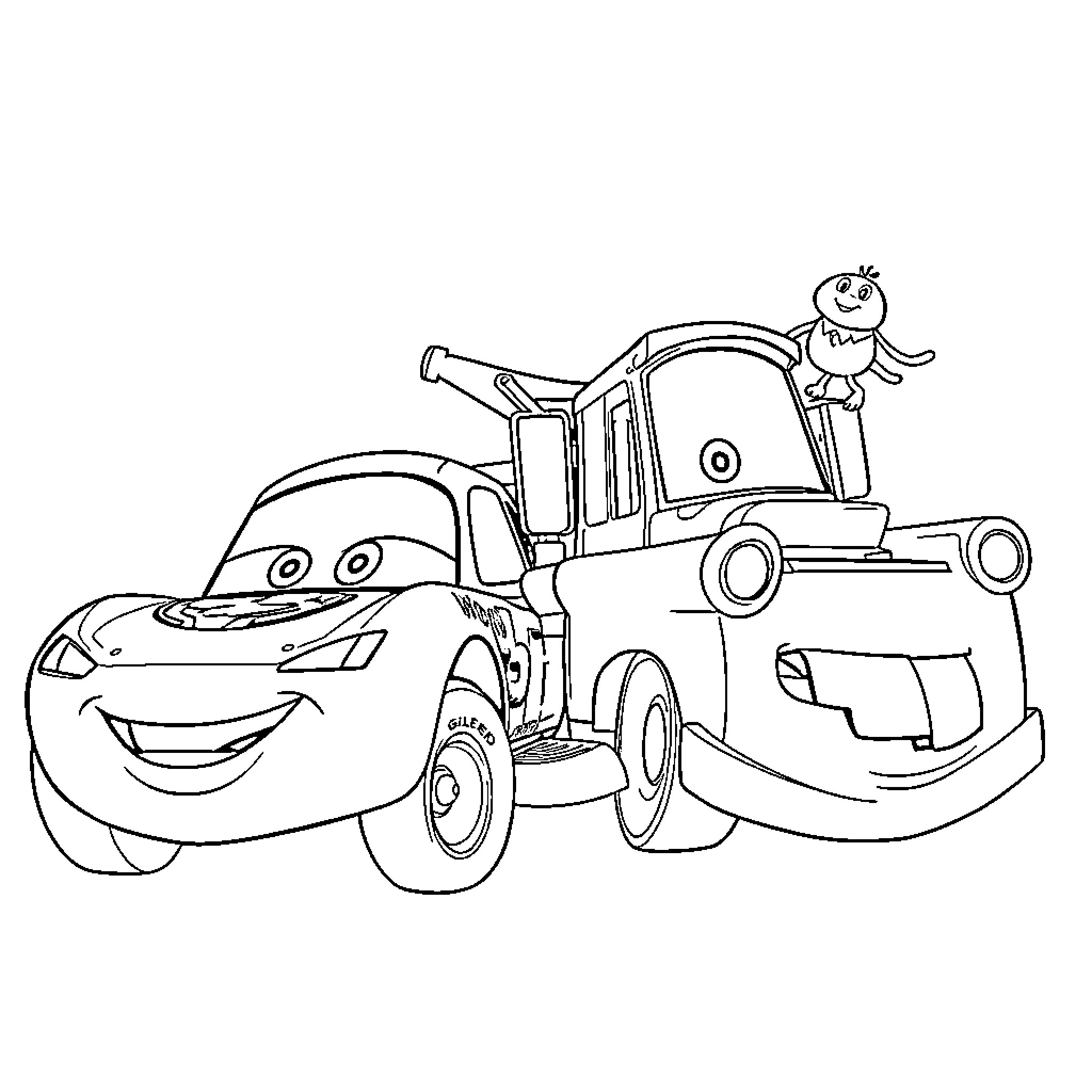 Cars having fun with friend in cartoon scene Coloring Page (free black-and-white line drawing printable PDF for all, from beginners to advanced learners, including children, teens, adults, and seniors)