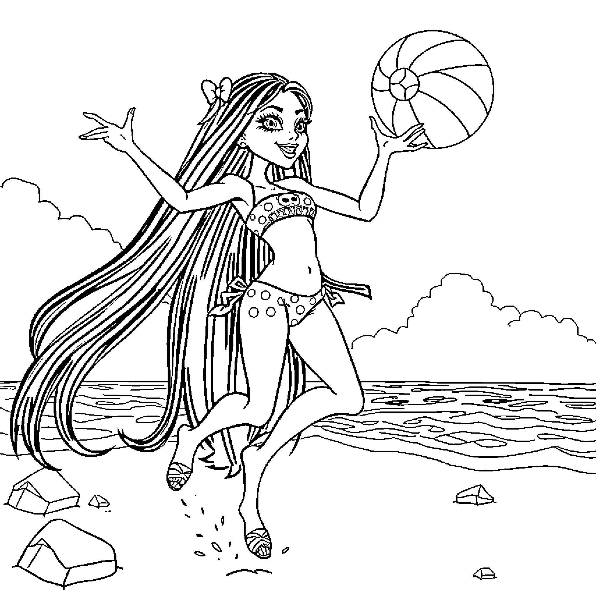 Draculaura enjoying a beachball in the waves Coloring Page (free black-and-white line drawing printable PDF for all, from beginners to advanced learners, including children, teens, adults, and seniors)
