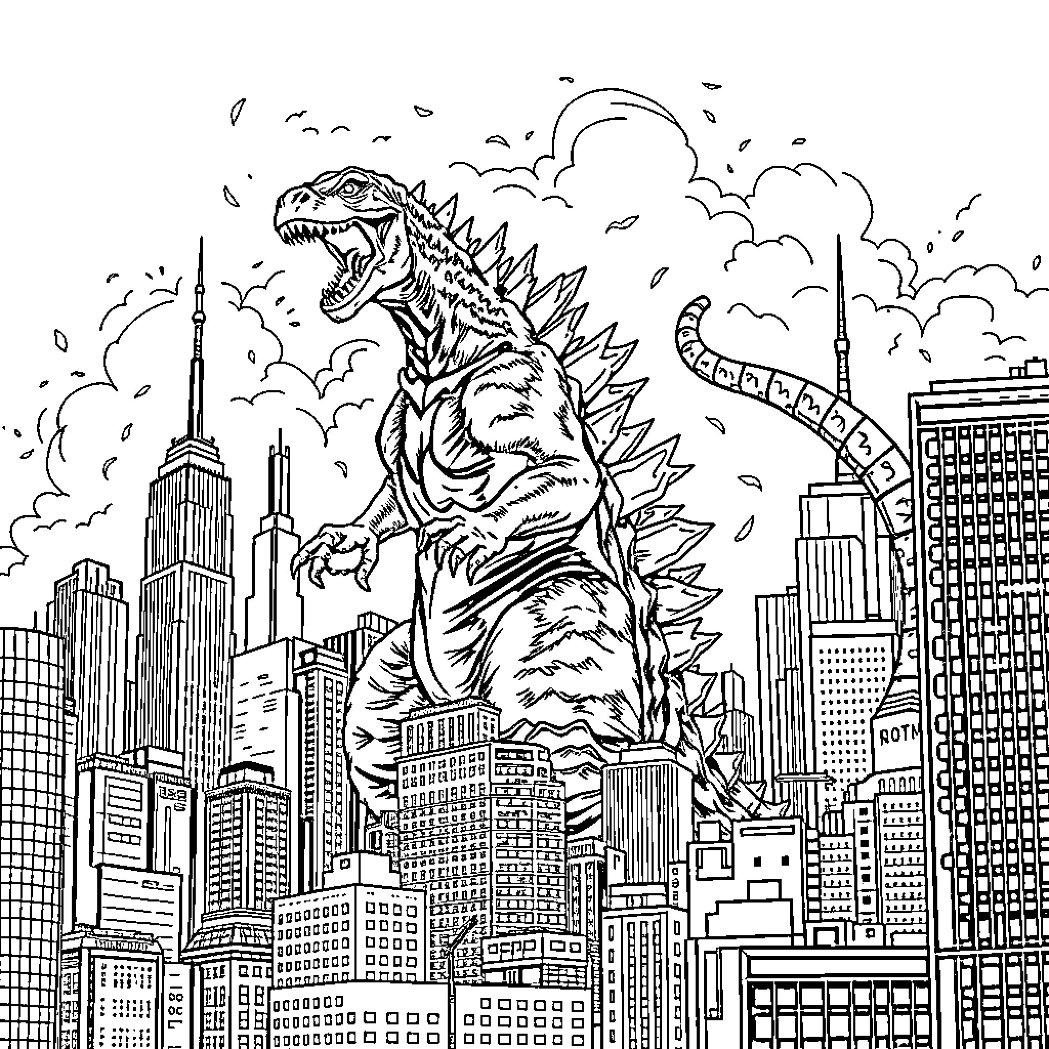 Godzilla rampaging through the city skyline Coloring Page (free black-and-white line drawing printable PDF for all, from beginners to advanced learners, including children, teens, adults, and seniors)