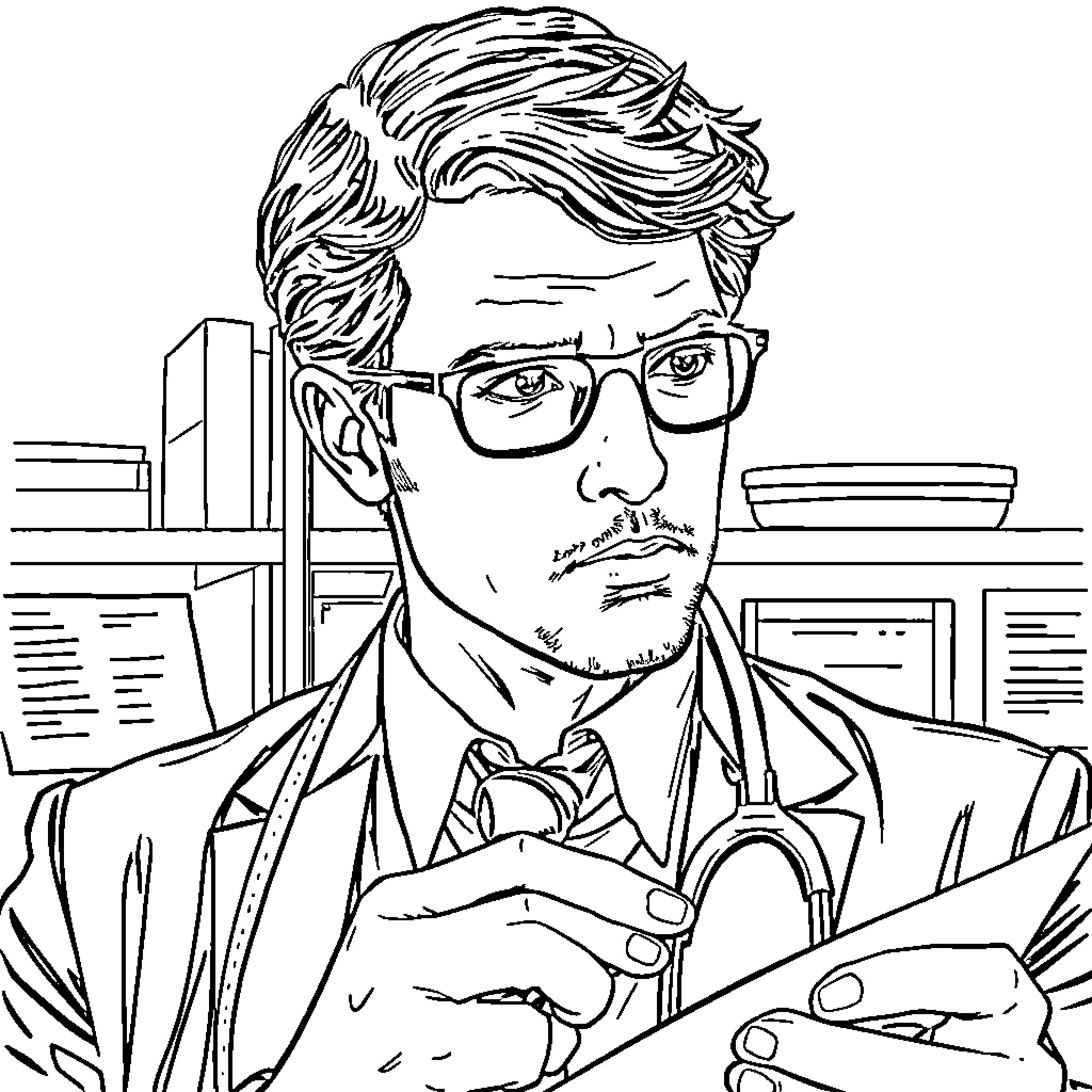 Reid's Office Adventure Coloring Page (free black-and-white line drawing printable PDF for all, from beginners to advanced learners, including children, teens, adults, and seniors)