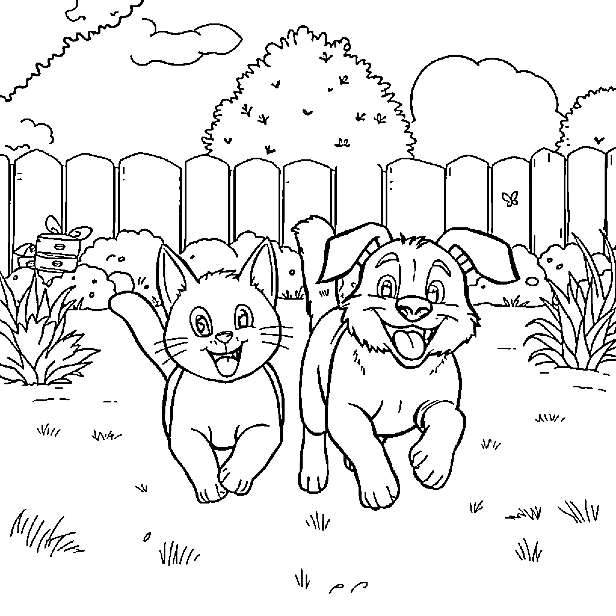 Cat and Dog playing happily in the garden Coloring Page (free black-and-white line drawing printable PDF for all, from beginners to advanced learners, including children, teens, adults, and seniors)