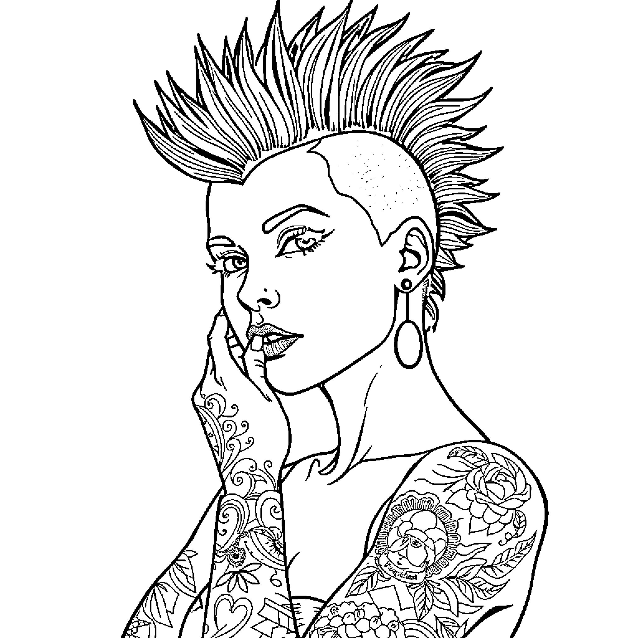Woman with Punk Hairstyle and Tattoos Coloring Page (free black-and-white line drawing printable PDF for all, from beginners to advanced learners, including children, teens, adults, and seniors)
