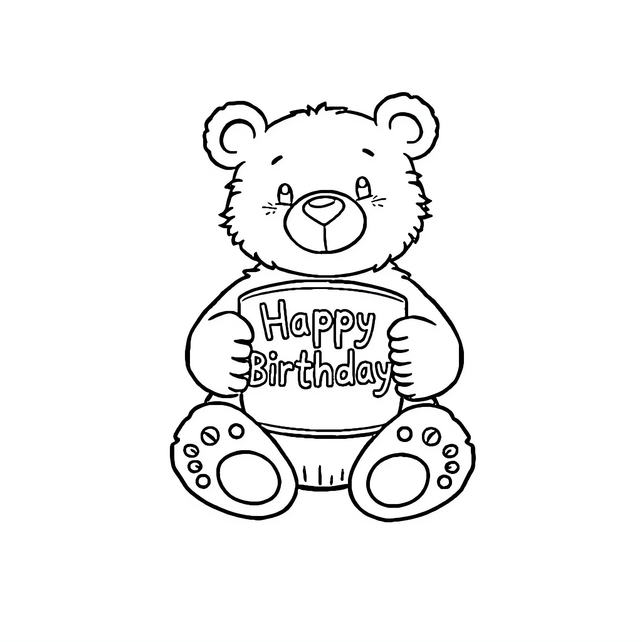Bear holding a happy birthday sign Coloring Page (free black-and-white line drawing printable PDF for all, from beginners to advanced learners, including children, teens, adults, and seniors)