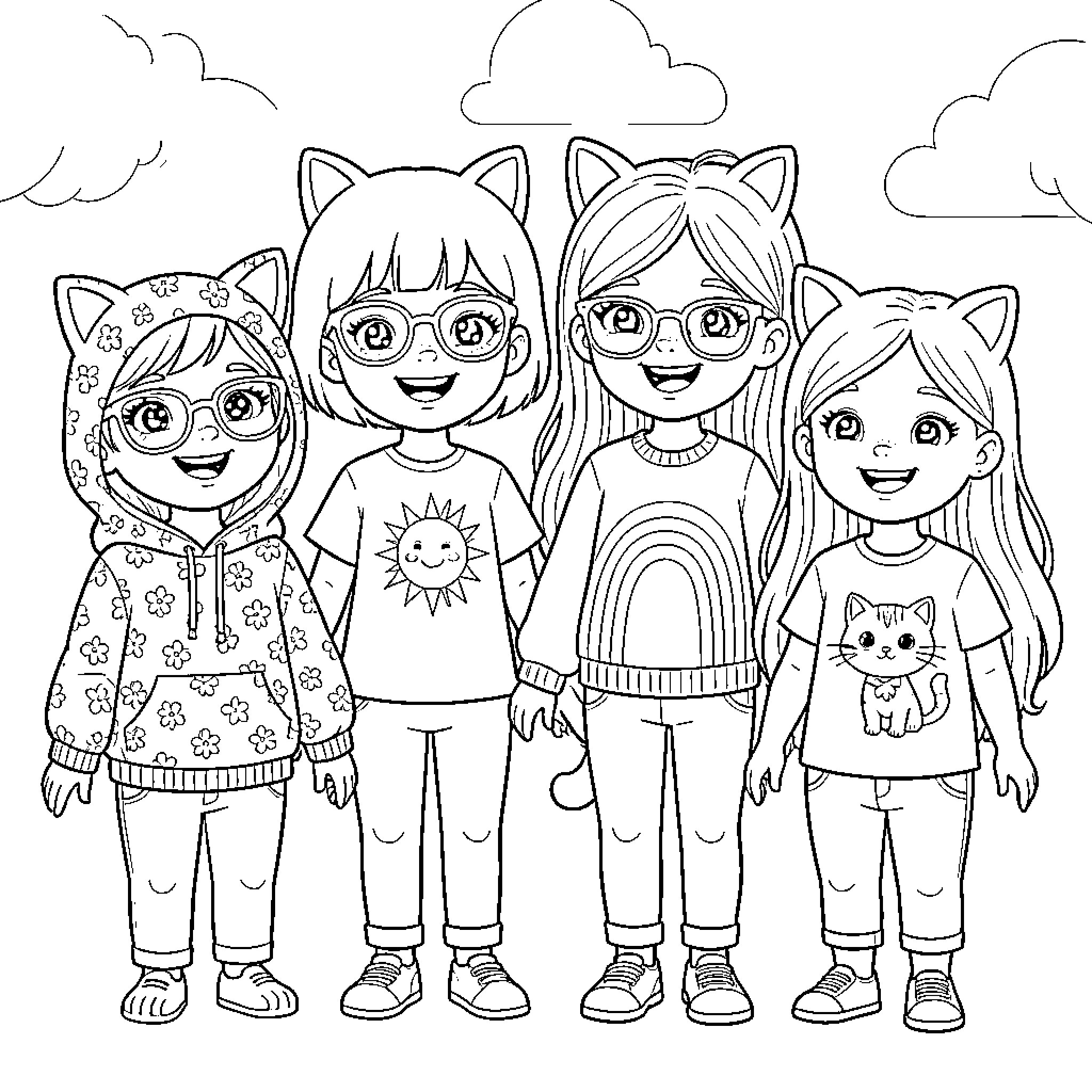 Filles playing happily with friends in the park Coloring Page (free black-and-white line drawing printable PDF for all, from beginners to advanced learners, including children, teens, adults, and seniors)
