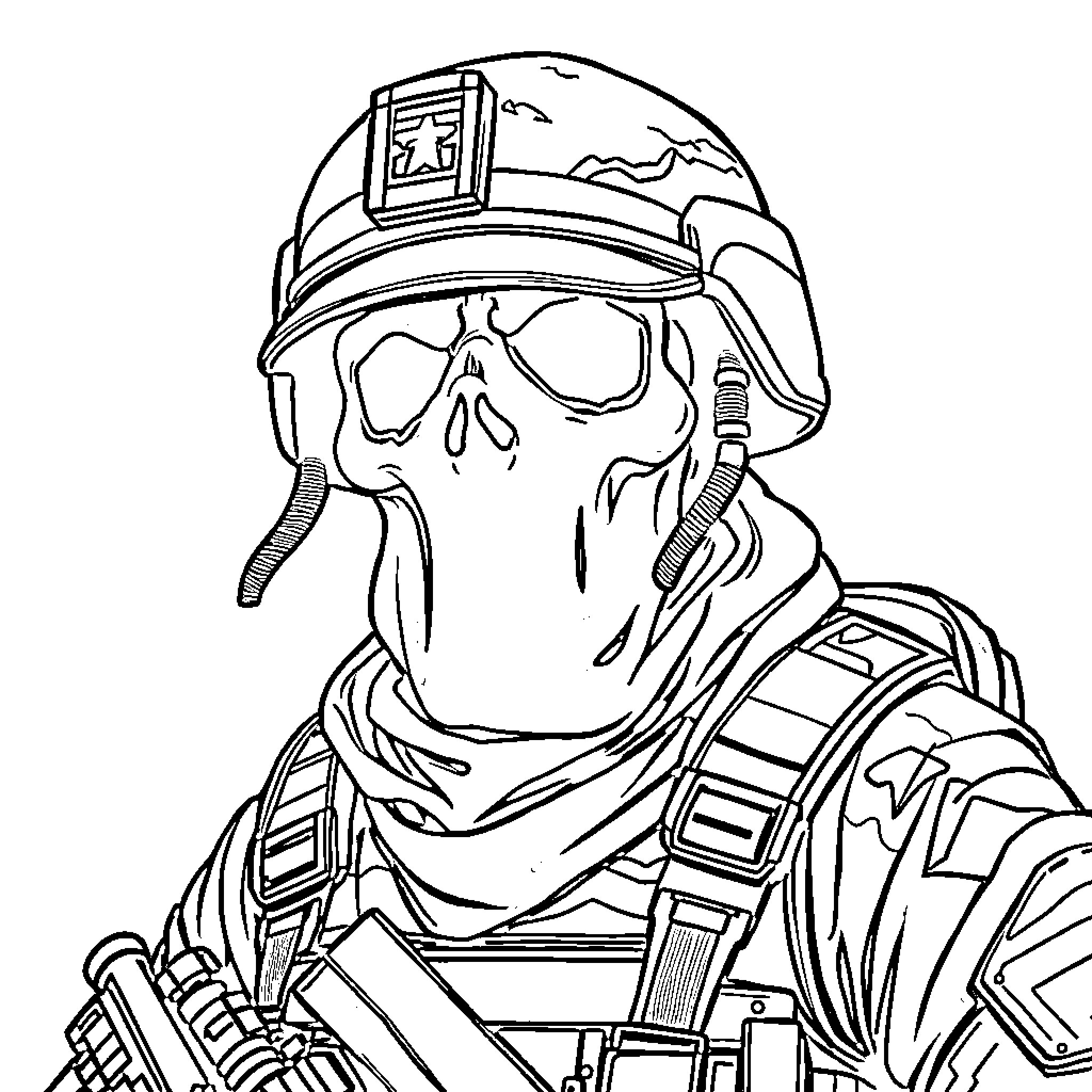 Ghost Soldier in Tactical Gear Coloring Page (free black-and-white line drawing printable PDF for all, from beginners to advanced learners, including children, teens, adults, and seniors)