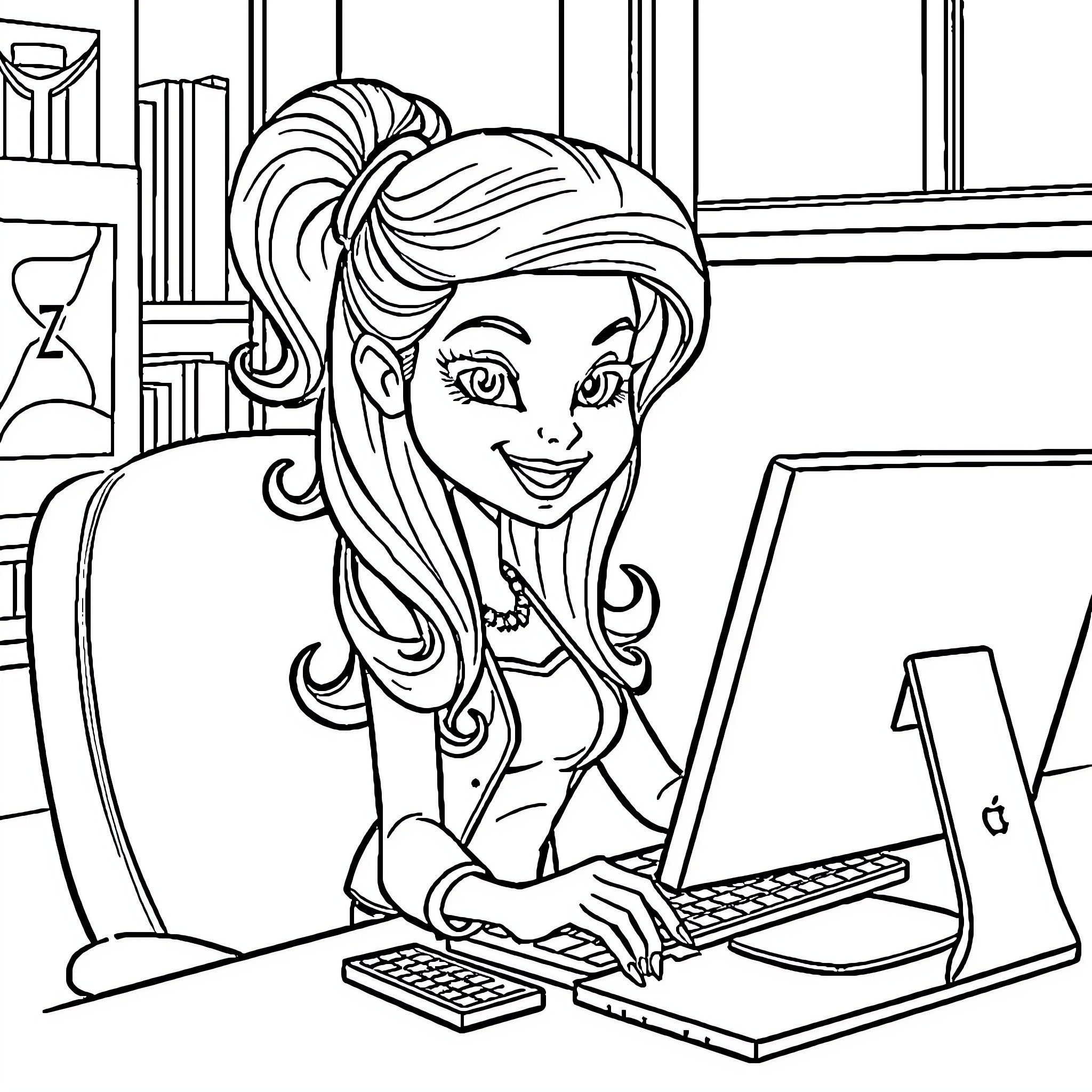 Bratz girl happily working on computer at her desk Coloring Page (free black-and-white line drawing printable PDF for all, from beginners to advanced learners, including children, teens, adults, and seniors)