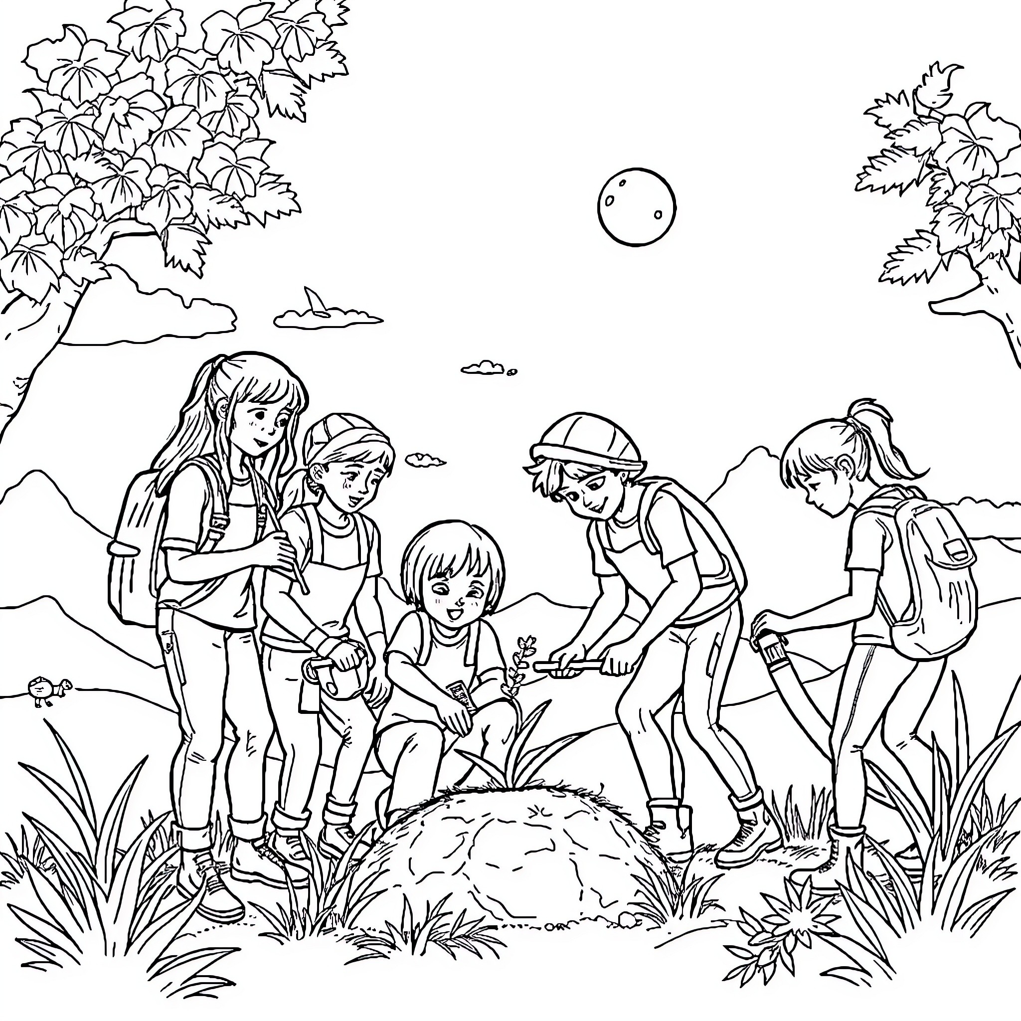 Volunteering in the Outdoors: Group of People Gardening Coloring Page (free black-and-white line drawing printable PDF for all, from beginners to advanced learners, including children, teens, adults, and seniors)