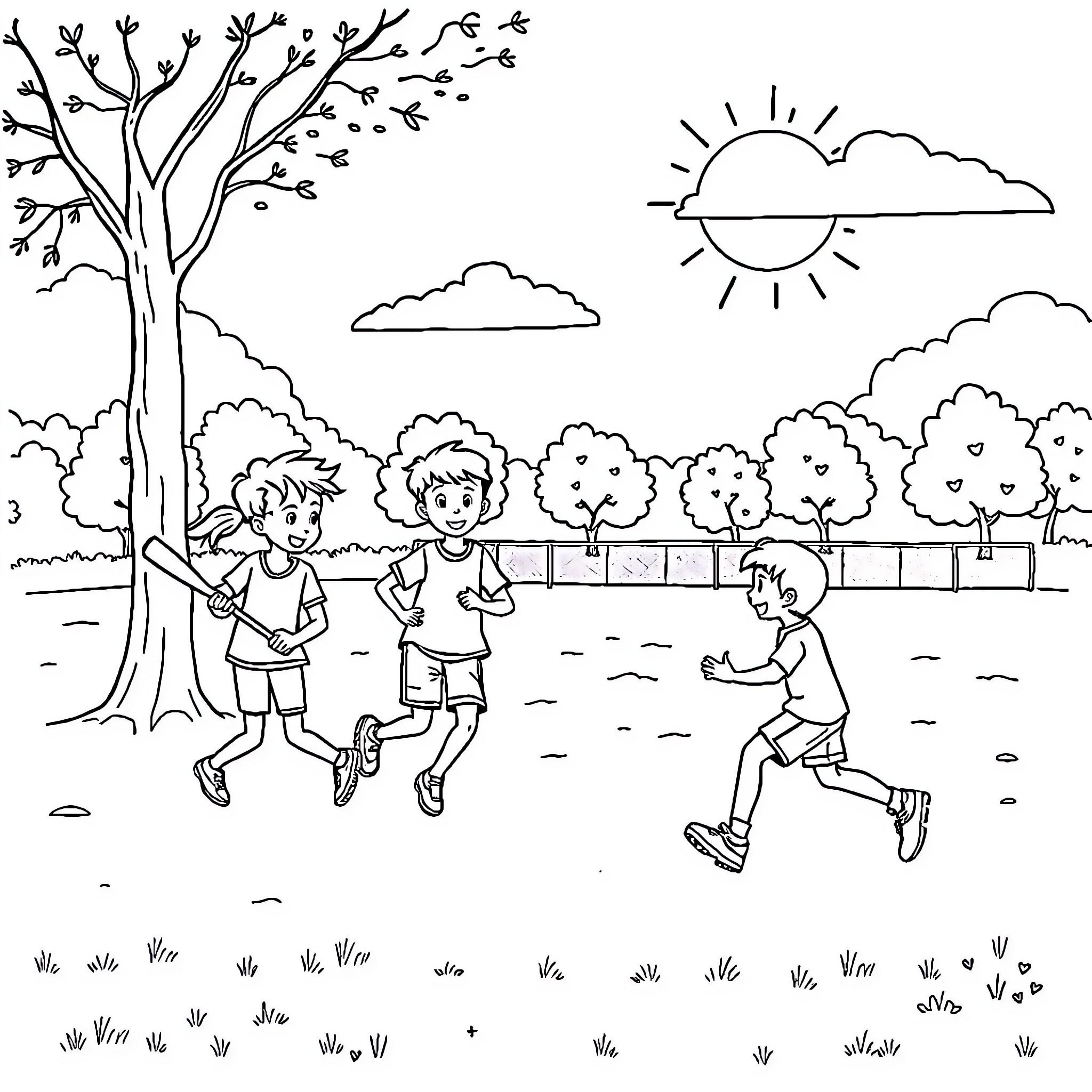 Sport activities in the park Coloring Page (free black-and-white line drawing printable PDF for all, from beginners to advanced learners, including children, teens, adults, and seniors)
