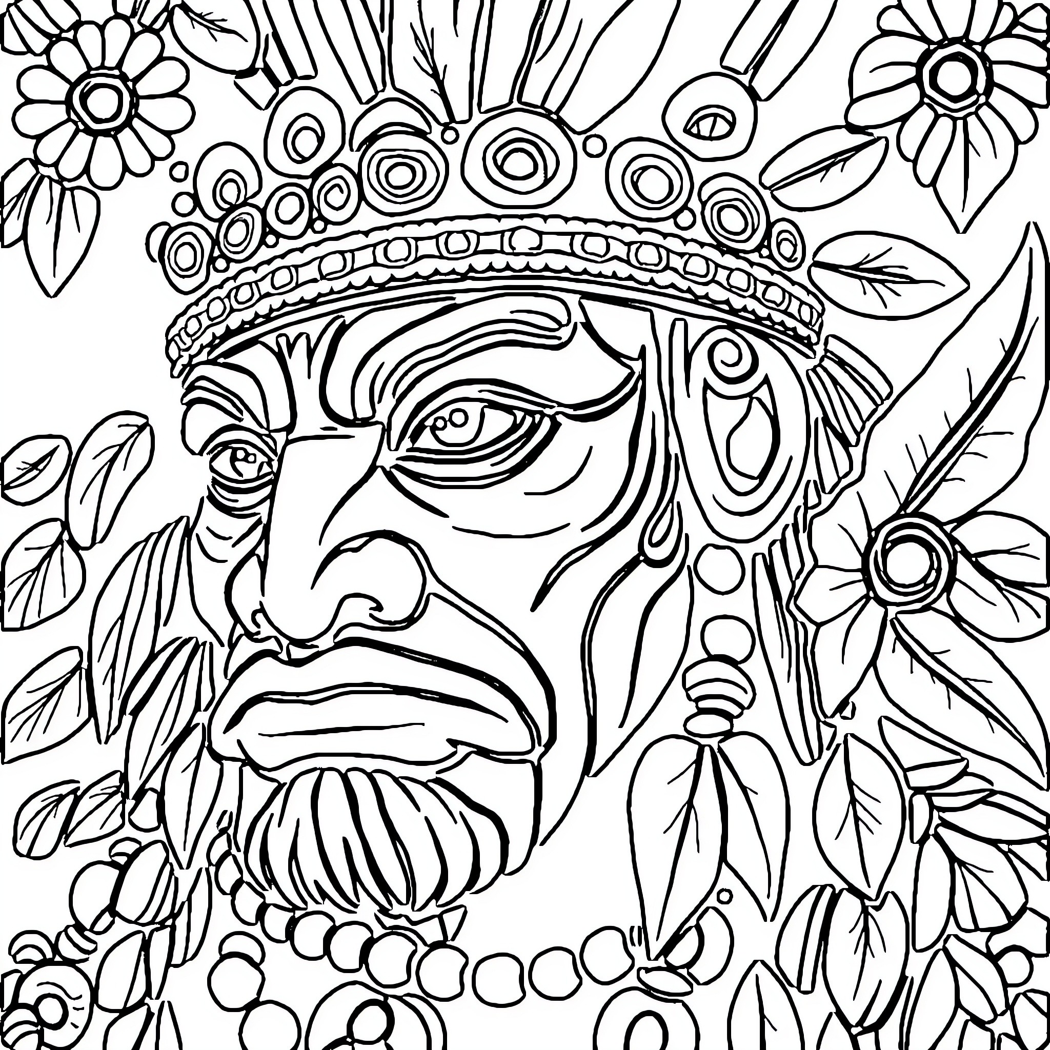 Maori tribal warrior portrait with floral elements Coloring Page (free black-and-white line drawing printable PDF for all, from beginners to advanced learners, including children, teens, adults, and seniors)