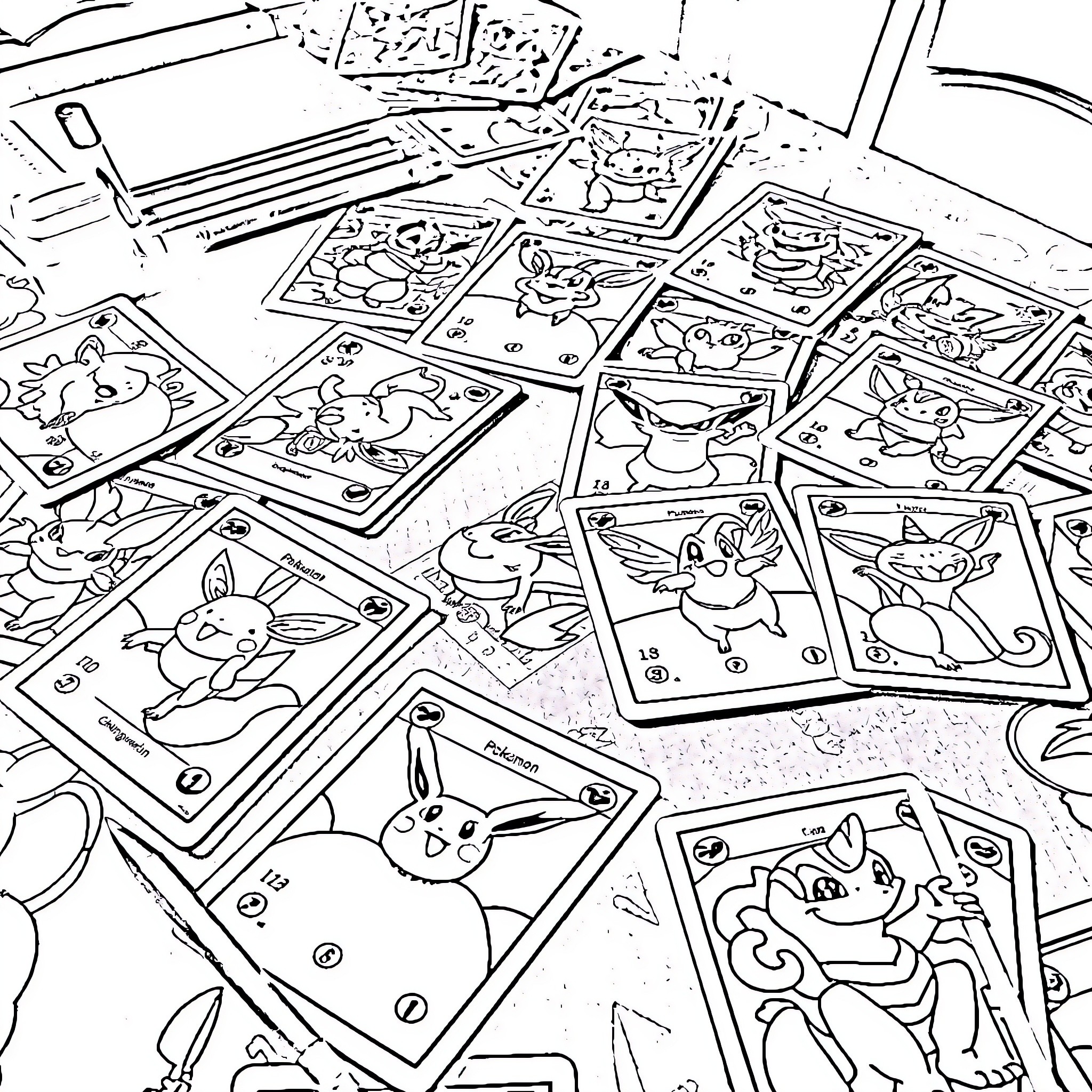 Pokémon Trading Card Game Illustrations Coloring Page (free black-and-white line drawing printable PDF for all, from beginners to advanced learners, including children, teens, adults, and seniors)