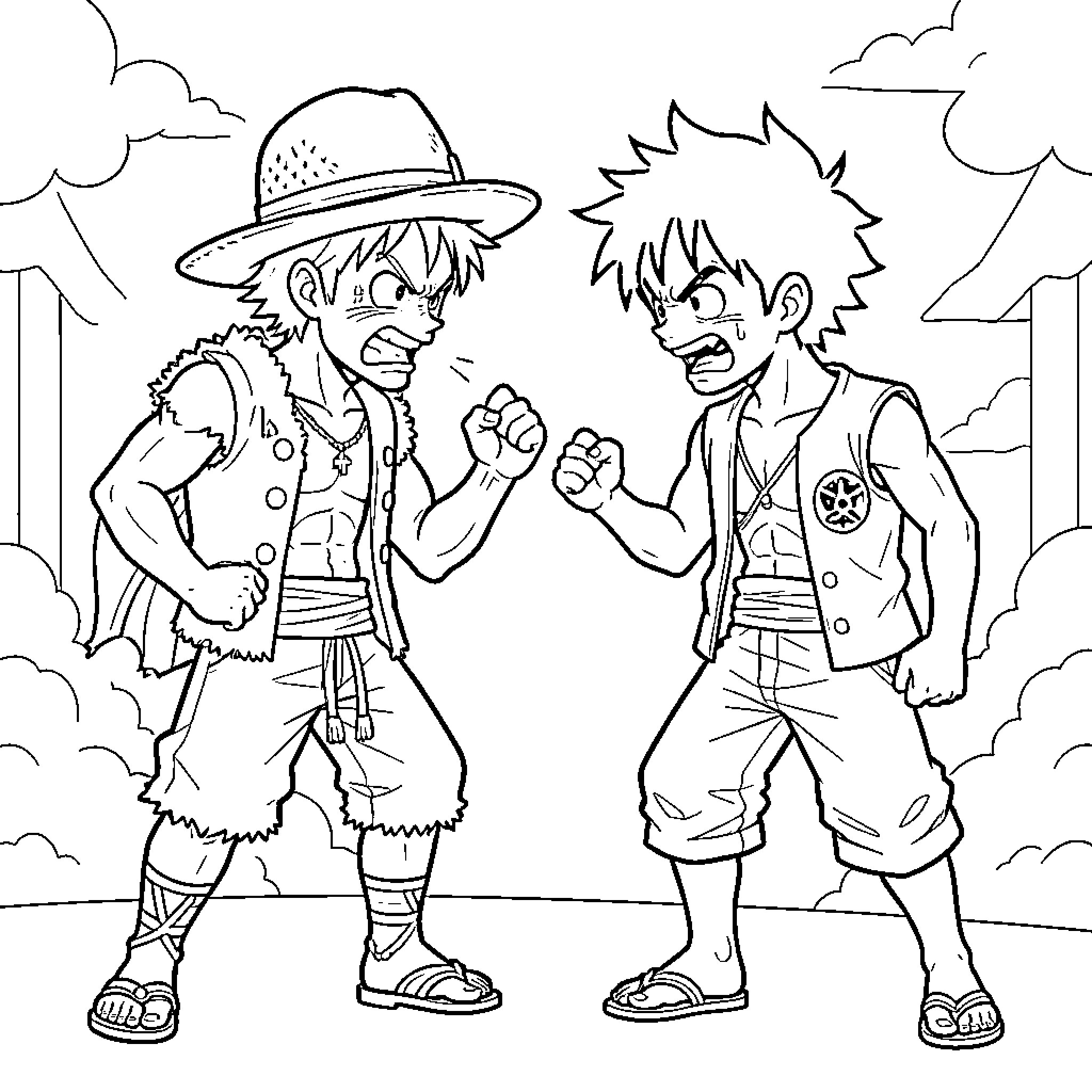 Zoro and Luffy's Adventurous Encounter Coloring Page (free black-and-white line drawing printable PDF for all, from beginners to advanced learners, including children, teens, adults, and seniors)