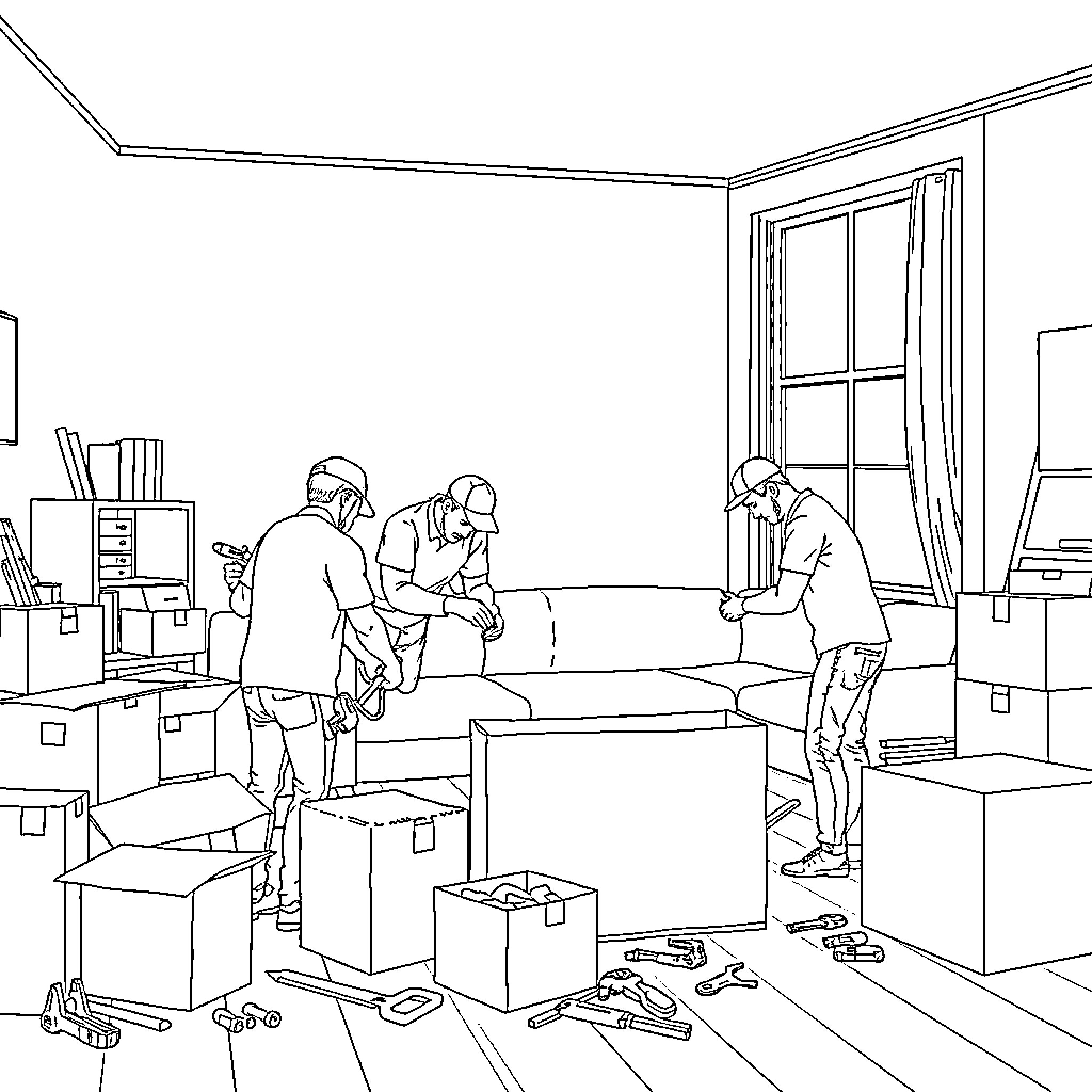 Ice Agent Packing Up Belongings in New Home Coloring Page (free black-and-white line drawing printable PDF for all, from beginners to advanced learners, including children, teens, adults, and seniors)