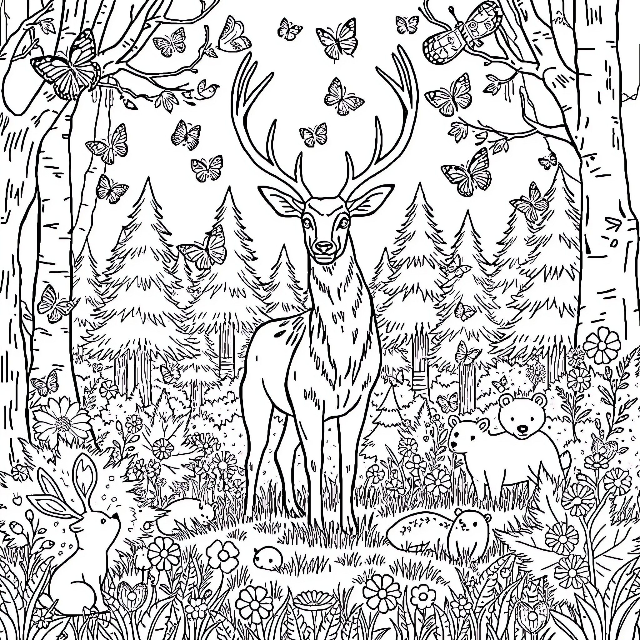 Stag in a Whimsical Woodland Wonderland Coloring Page (free black-and-white line drawing printable PDF for all, from beginners to advanced learners, including children, teens, adults, and seniors)