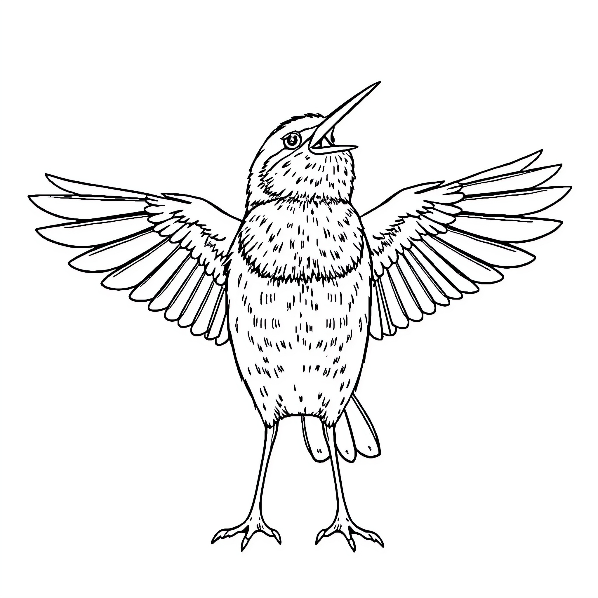 Songbird with wings spread in flight Coloring Page (free black-and-white line drawing printable PDF for all, from beginners to advanced learners, including children, teens, adults, and seniors)
