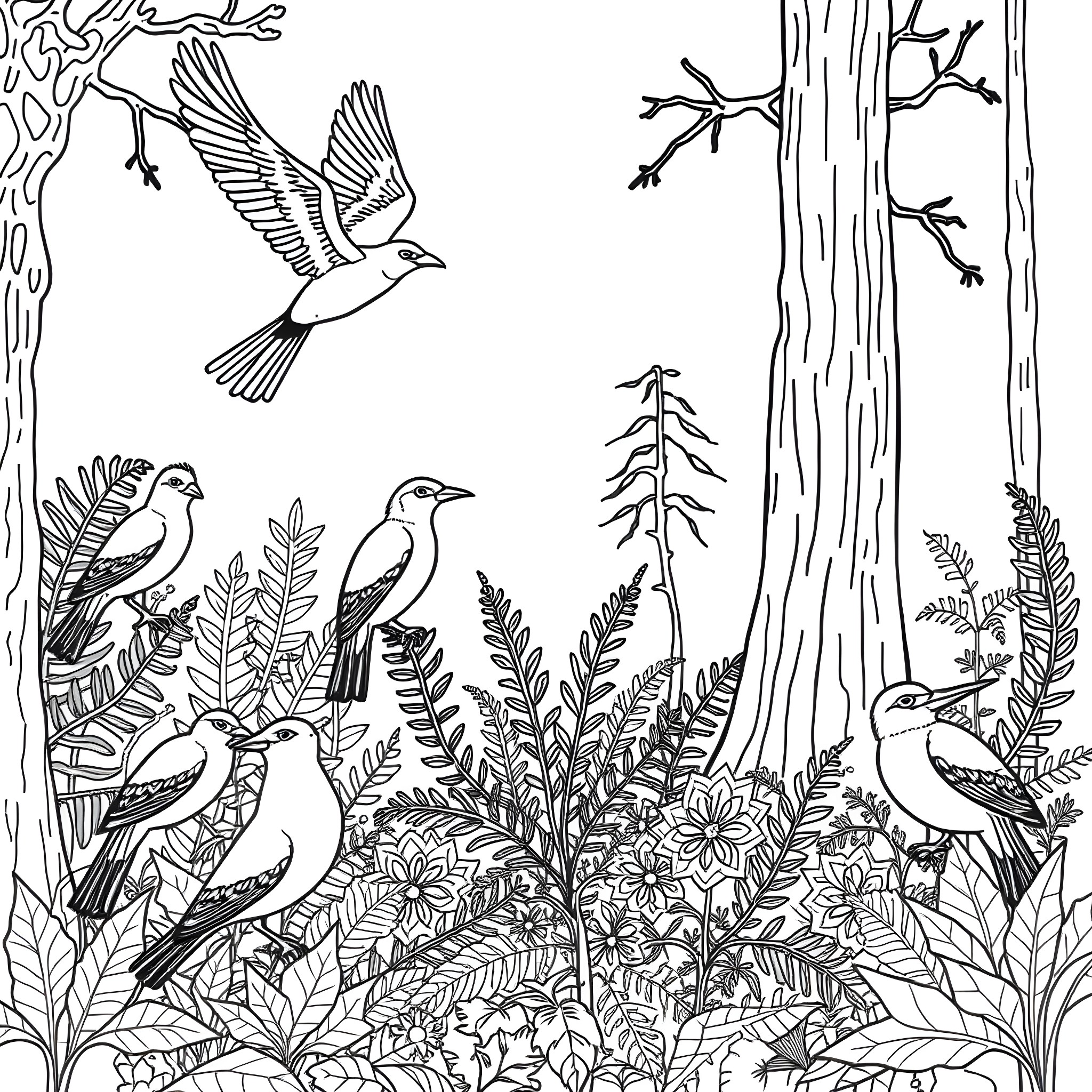 Birds soaring and perching in a lush forest Coloring Page (free black-and-white line drawing printable PDF for all, from beginners to advanced learners, including children, teens, adults, and seniors)