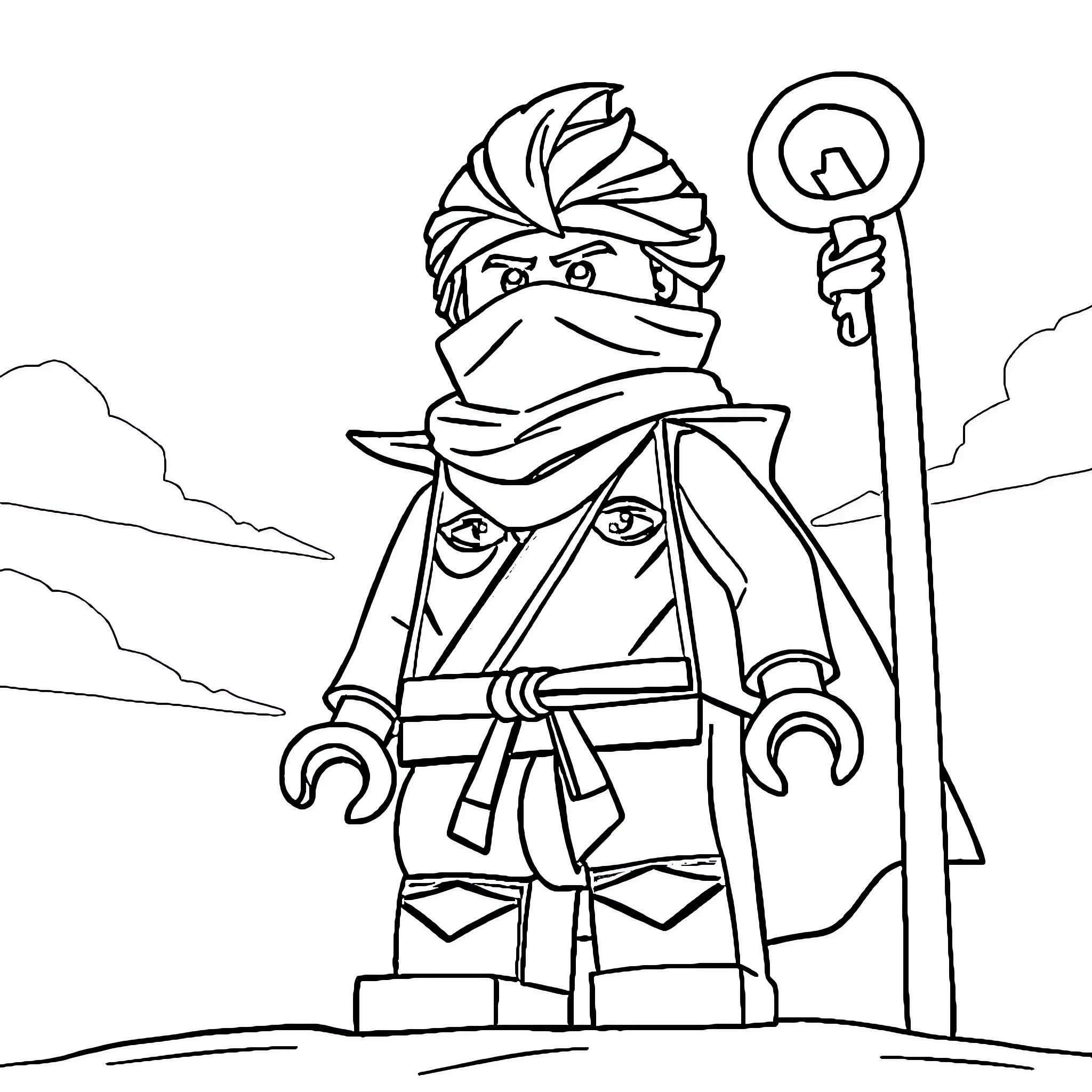 Wu Ninja Warrior Stands Vigilant with Weapon Coloring Page (free black-and-white line drawing printable PDF for all, from beginners to advanced learners, including children, teens, adults, and seniors)