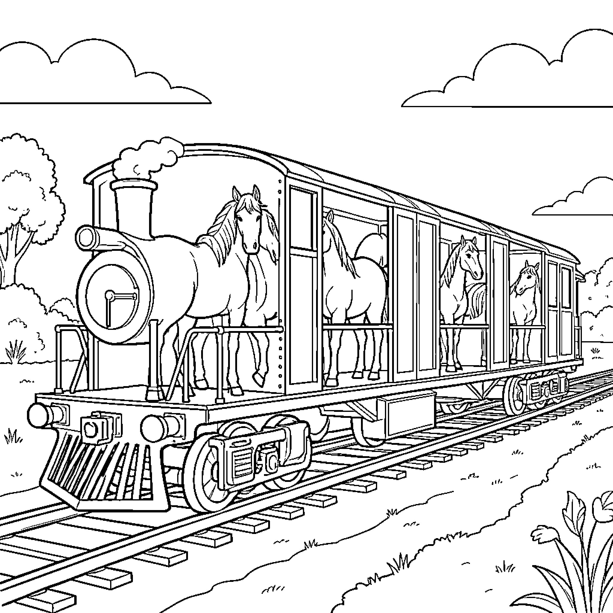Train carrying horses through a scenic landscape Coloring Page (free black-and-white line drawing printable PDF for all, from beginners to advanced learners, including children, teens, adults, and seniors)