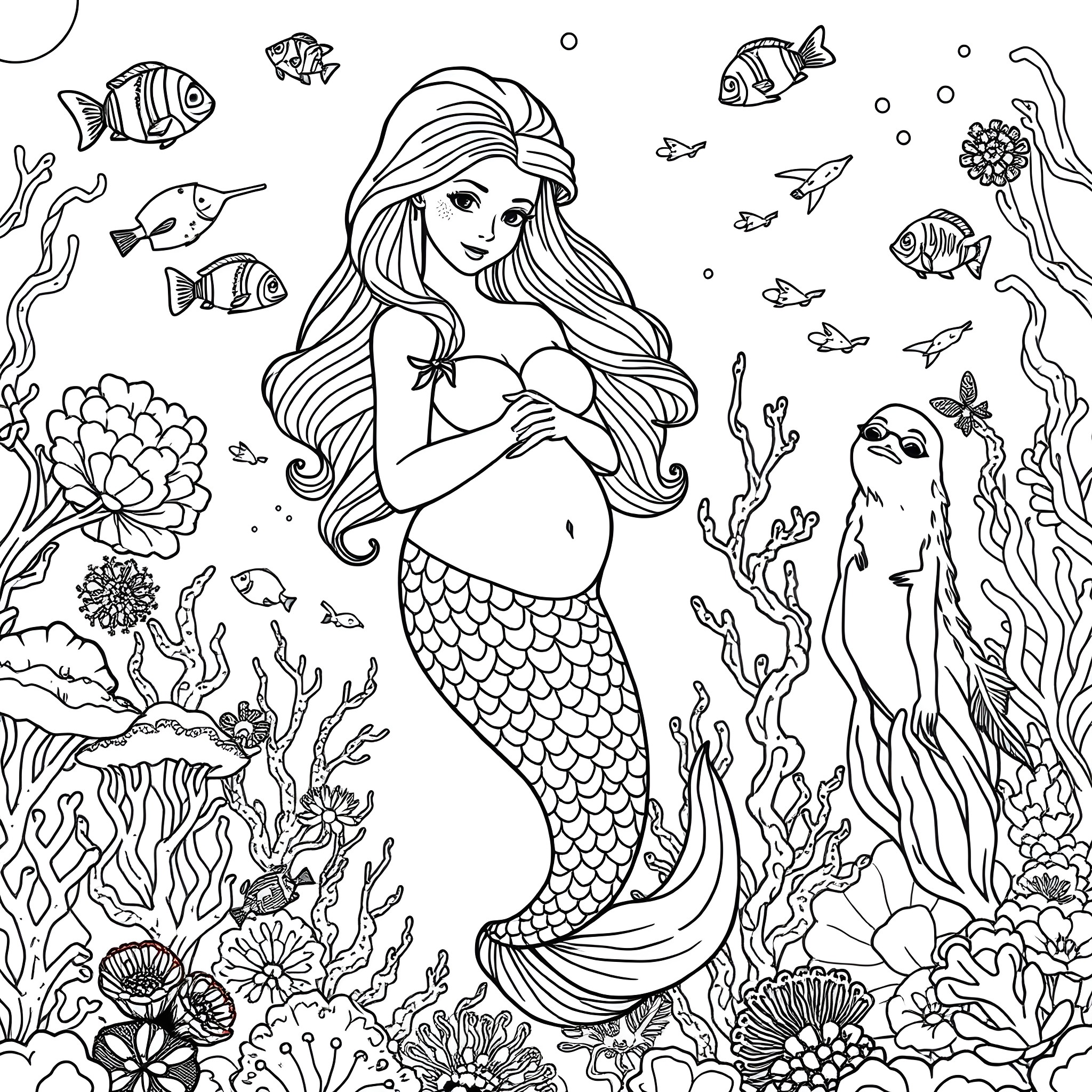 Mermaid and her underwater world Coloring Page (free black-and-white line drawing printable PDF for all, from beginners to advanced learners, including children, teens, adults, and seniors)