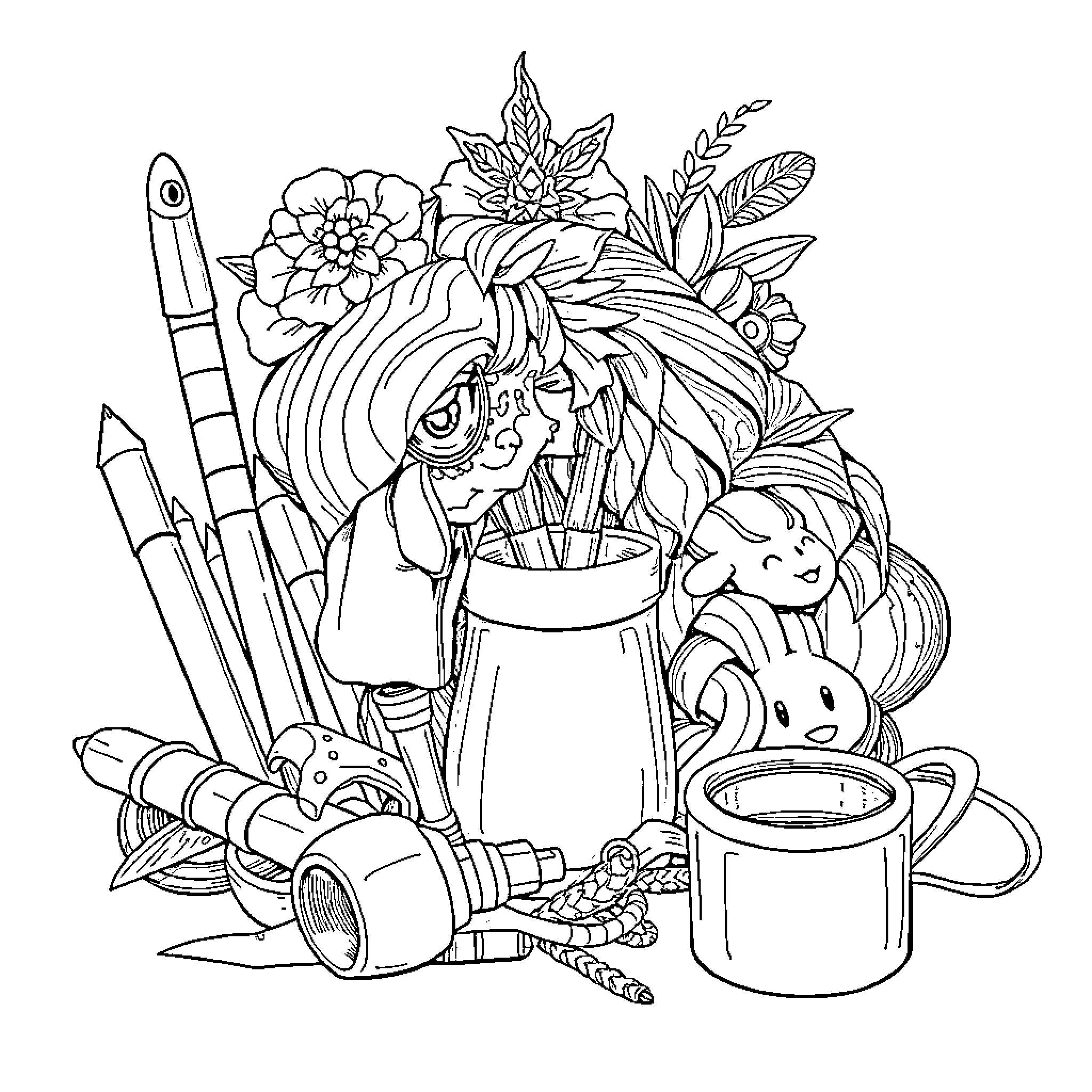 Quality Art Supplies and Floral Arrangement Coloring Page (free black-and-white line drawing printable PDF for all, from beginners to advanced learners, including children, teens, adults, and seniors)
