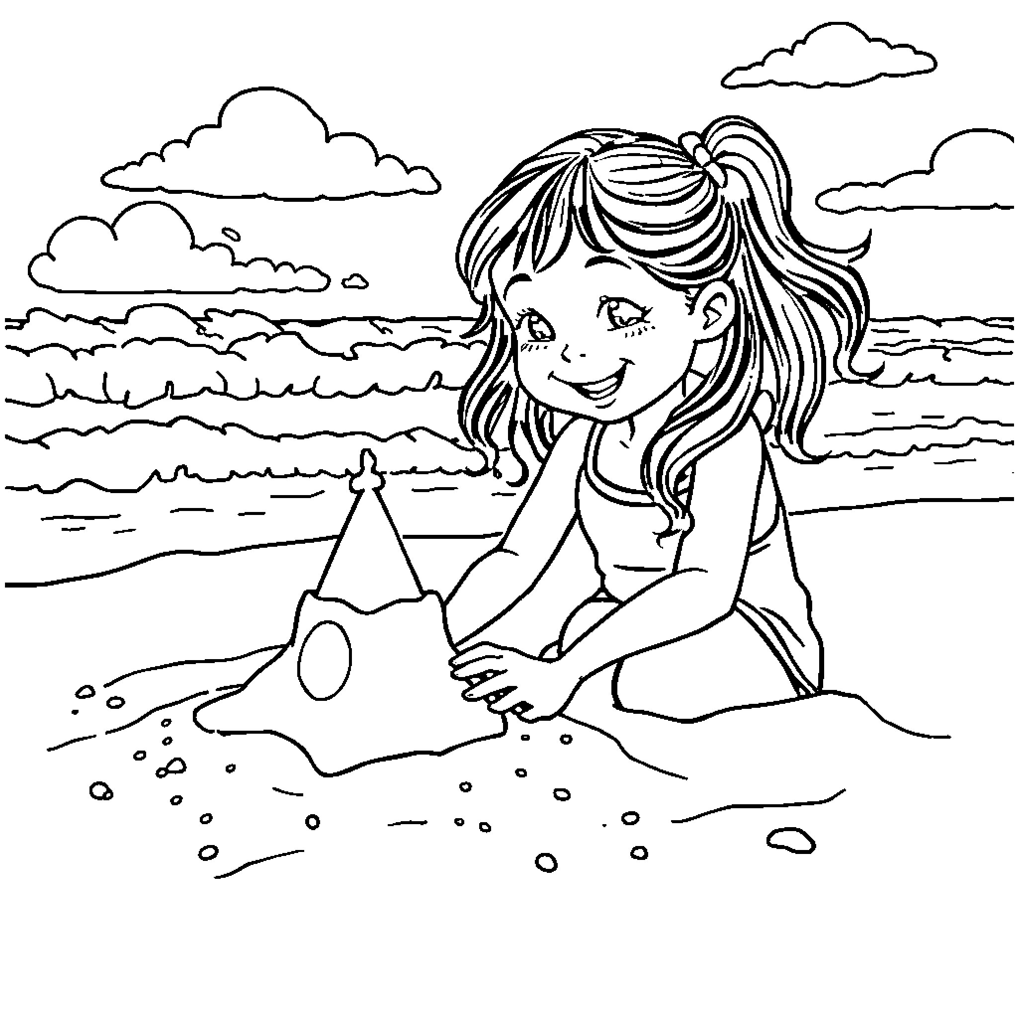 Girl playing in the sand on the beach Coloring Page (free black-and-white line drawing printable PDF for all, from beginners to advanced learners, including children, teens, adults, and seniors)