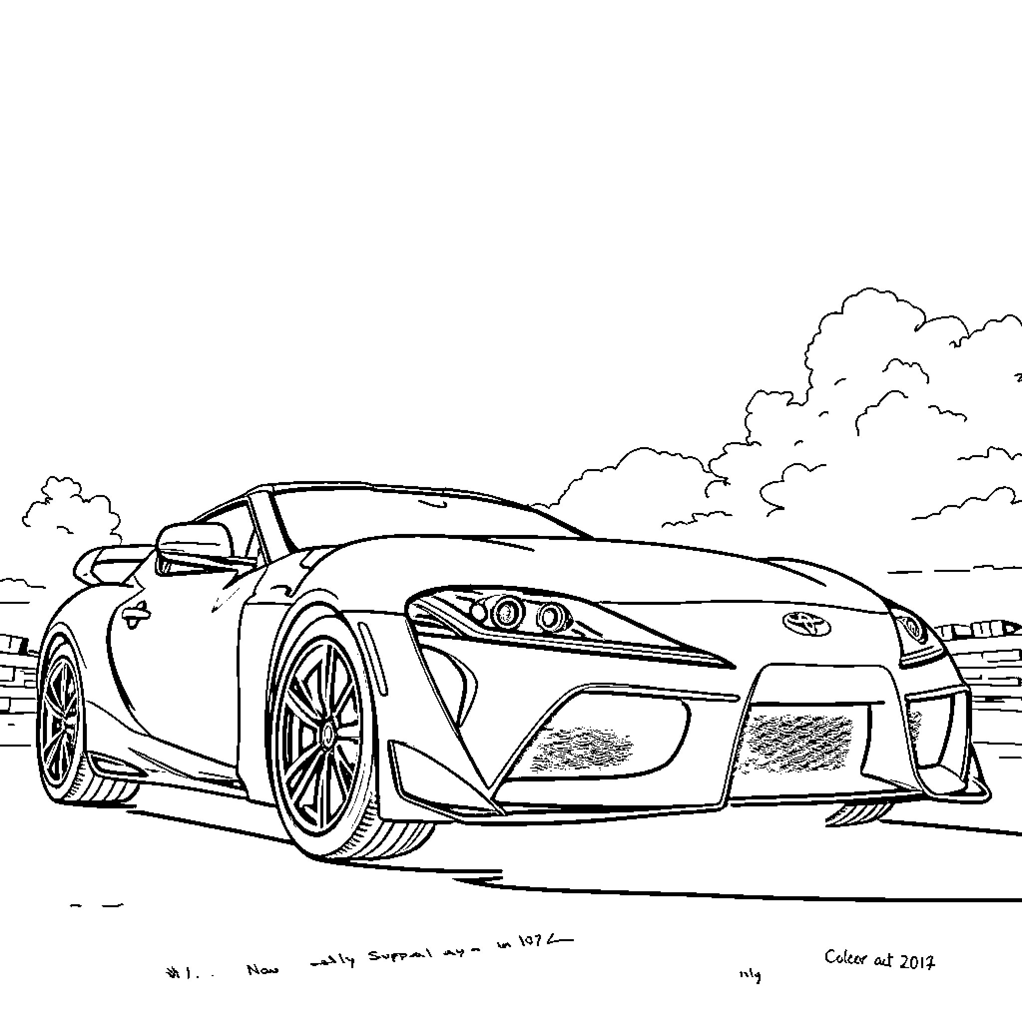 Toyota Supra sports car on the road Coloring Page (free black-and-white line drawing printable PDF for all, from beginners to advanced learners, including children, teens, adults, and seniors)