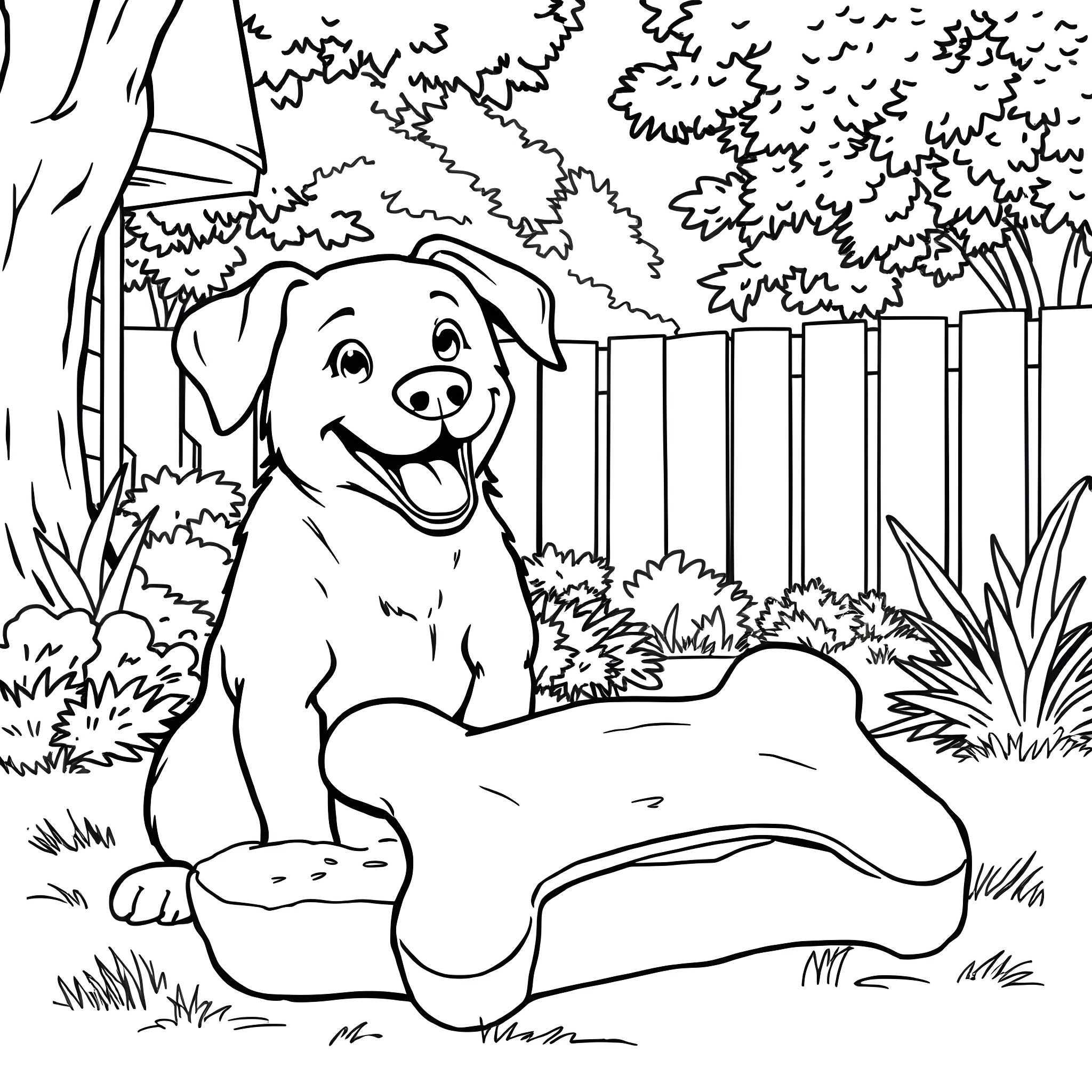Dog relaxing in the yard Coloring Page (free black-and-white line drawing printable PDF for all, from beginners to advanced learners, including children, teens, adults, and seniors)