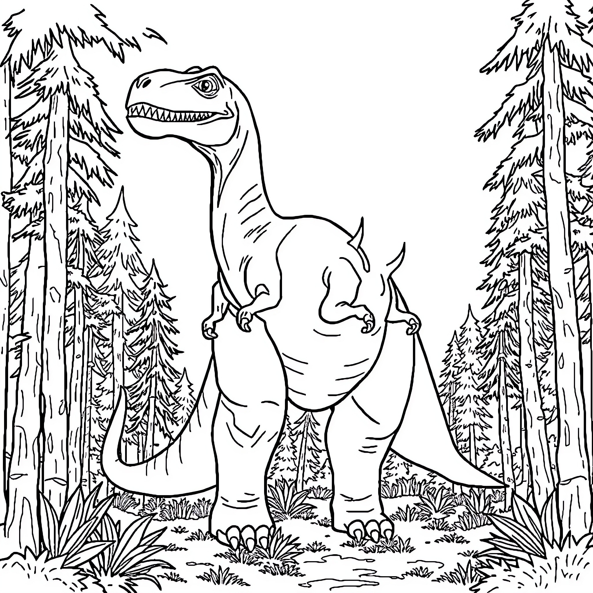 Dinosaur roaming through lush forest landscape Coloring Page (free black-and-white line drawing printable PDF for all, from beginners to advanced learners, including children, teens, adults, and seniors)