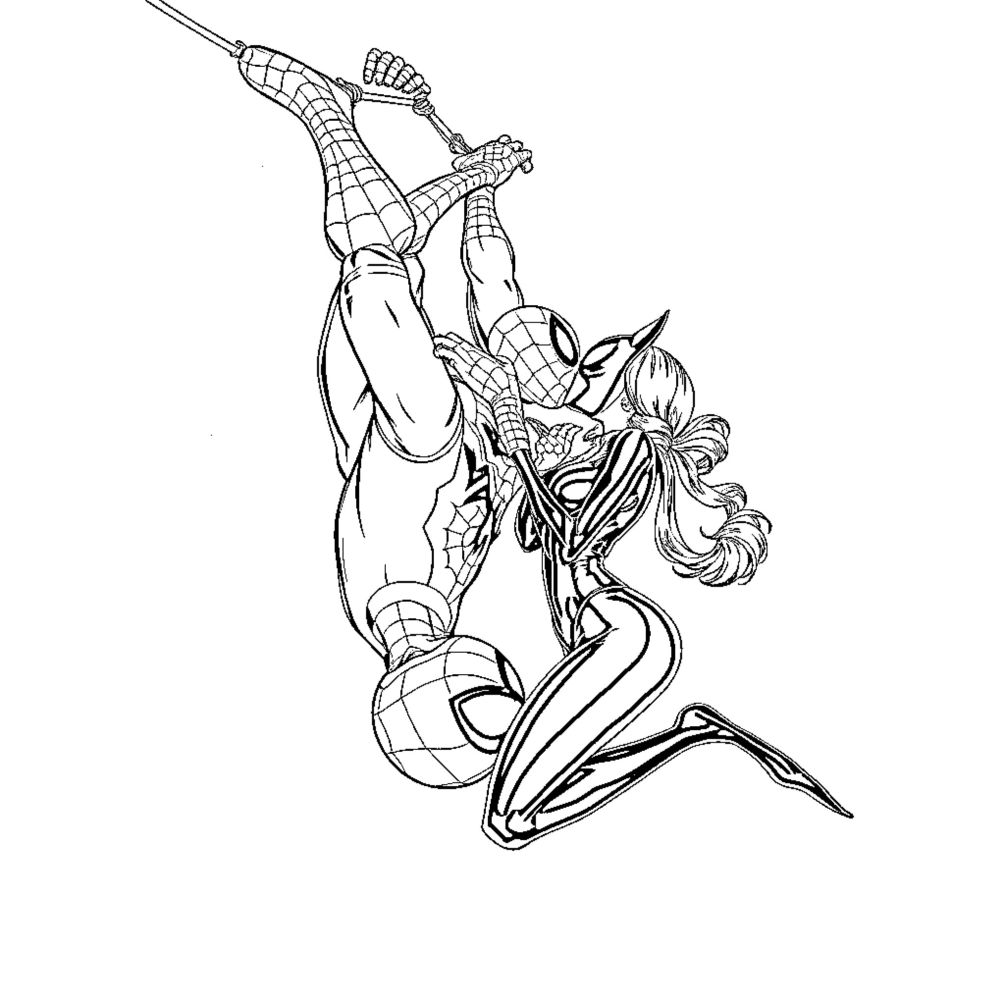 Spiderman battling a foe in an action-packed scene Coloring Page (free black-and-white line drawing printable PDF for all, from beginners to advanced learners, including children, teens, adults, and seniors)