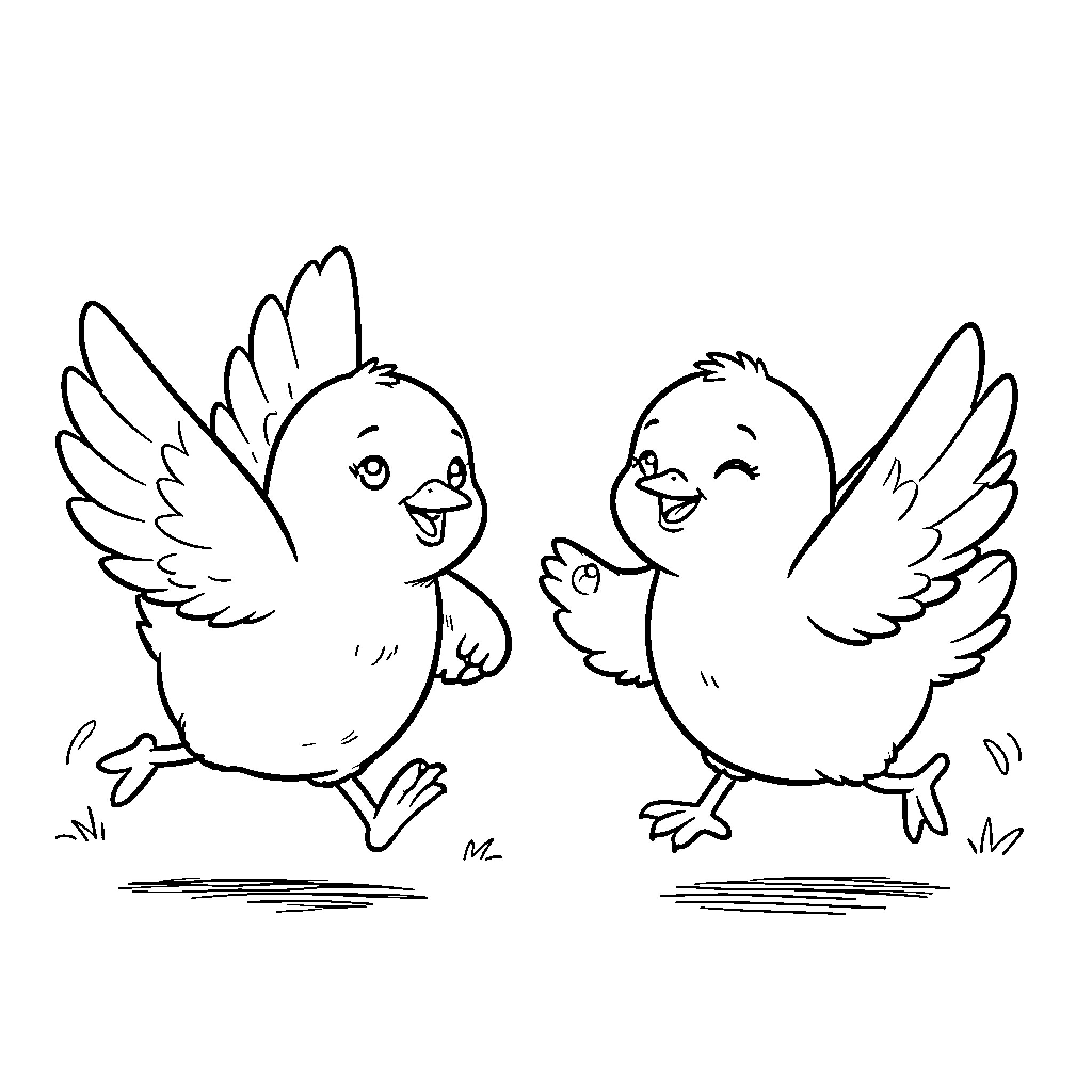 Polluelo: Playful Chicks Frolicking in the Meadow Coloring Page (free black-and-white line drawing printable PDF for all, from beginners to advanced learners, including children, teens, adults, and seniors)