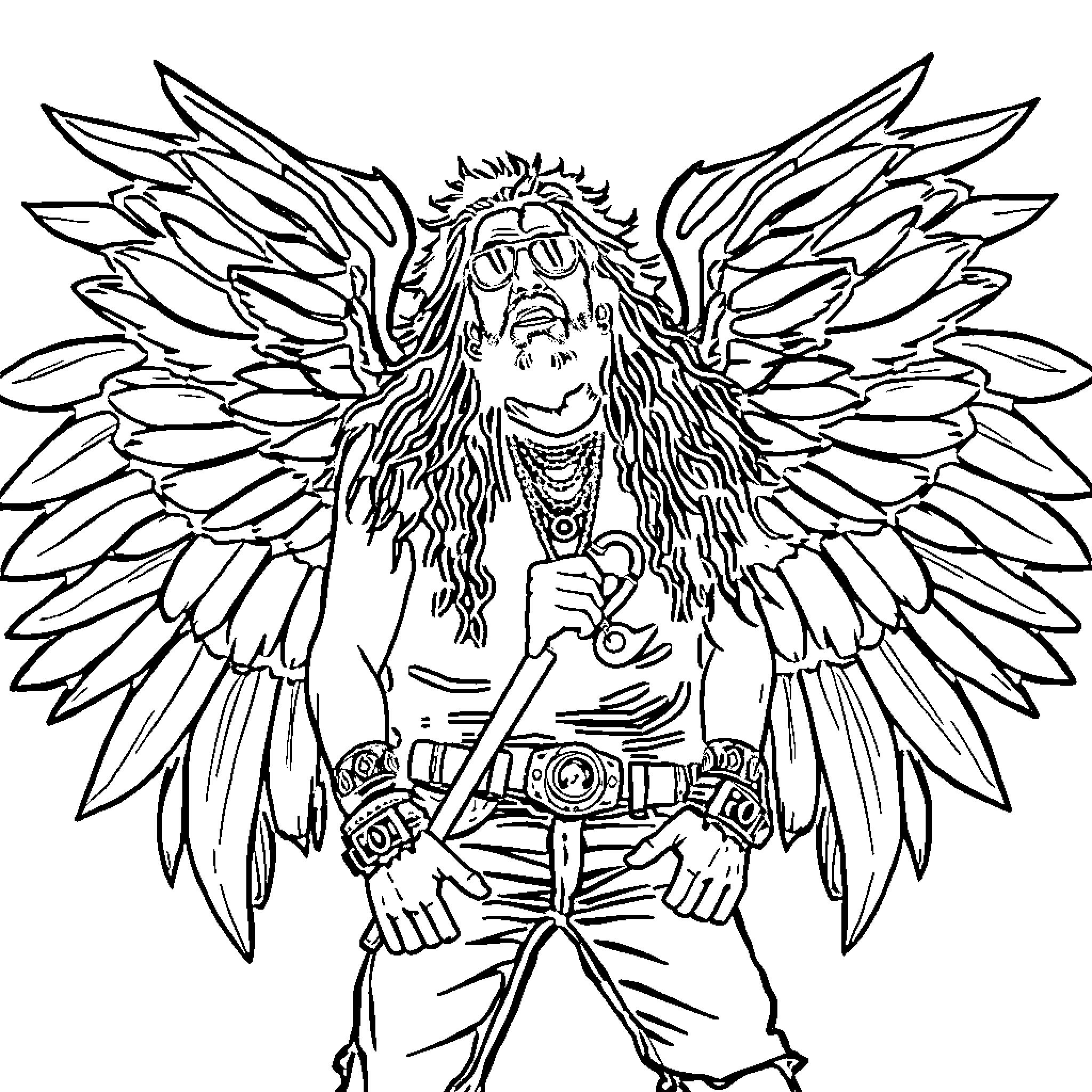 Dimebag Daryl's Angelic Rock Star Persona Coloring Page (free black-and-white line drawing printable PDF for all, from beginners to advanced learners, including children, teens, adults, and seniors)