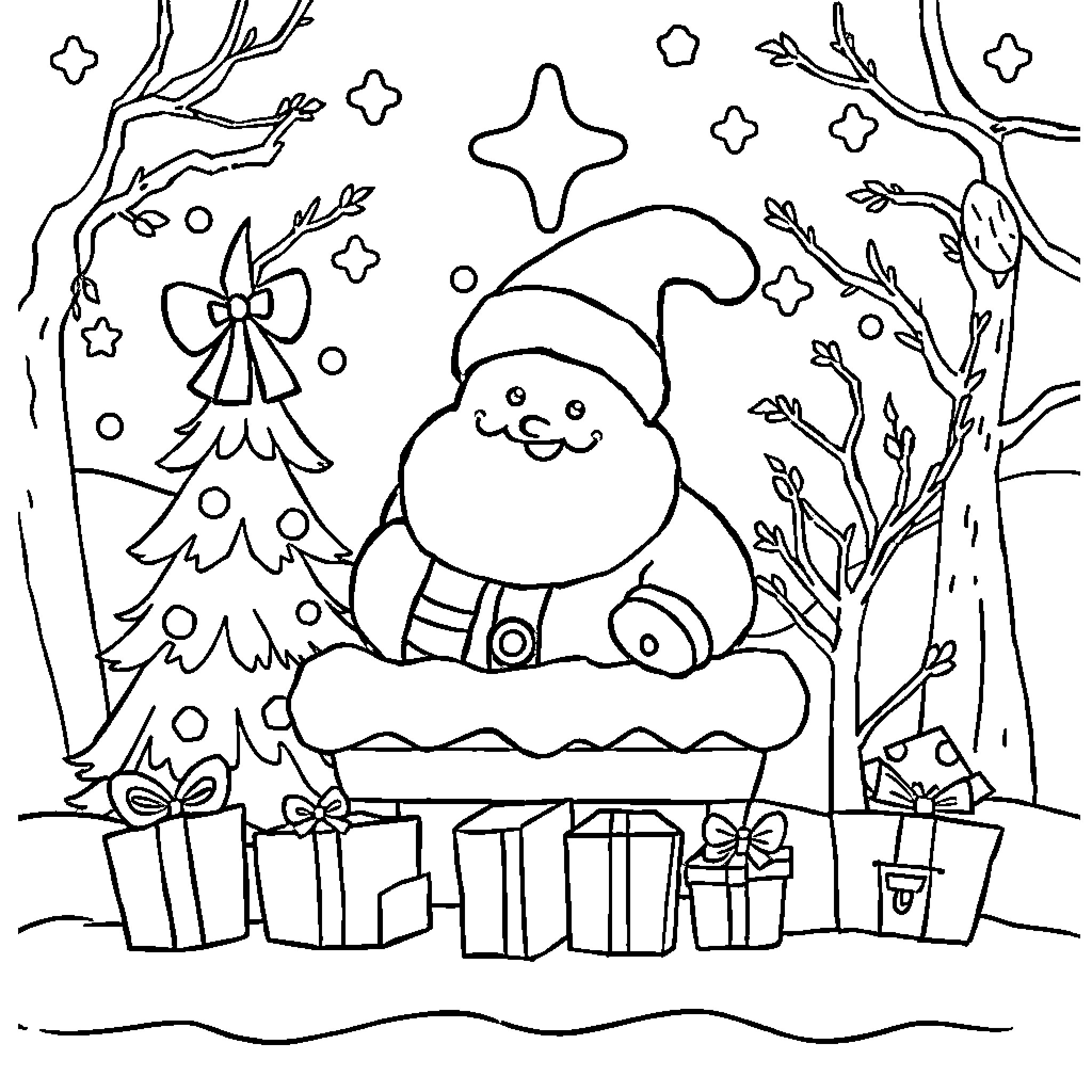 Holiday Celebration with Santa and Gifts Coloring Page (free black-and-white line drawing printable PDF for all, from beginners to advanced learners, including children, teens, adults, and seniors)