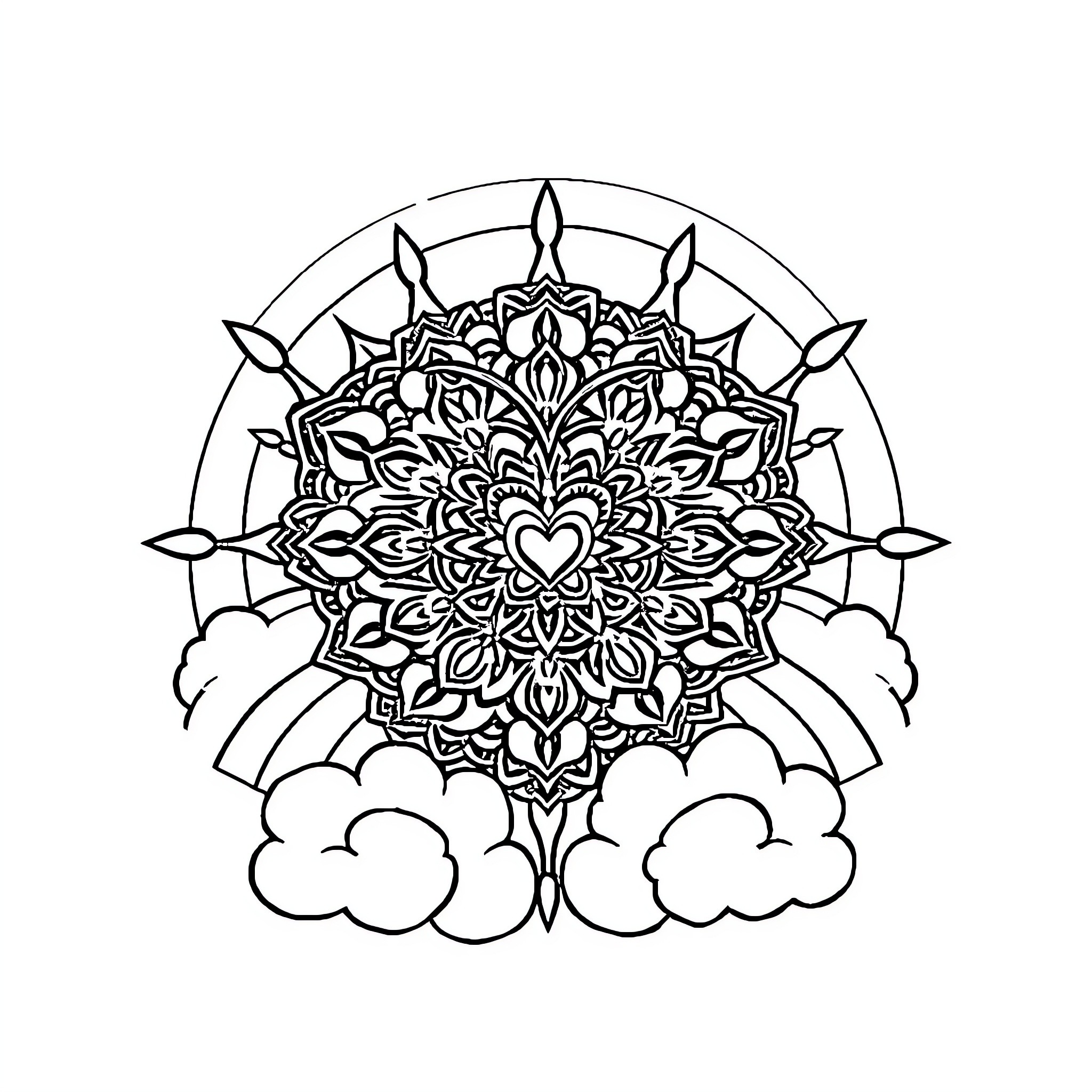 Mandala with intricate floral design amidst clouds Coloring Page (free black-and-white line drawing printable PDF for all, from beginners to advanced learners, including children, teens, adults, and seniors)