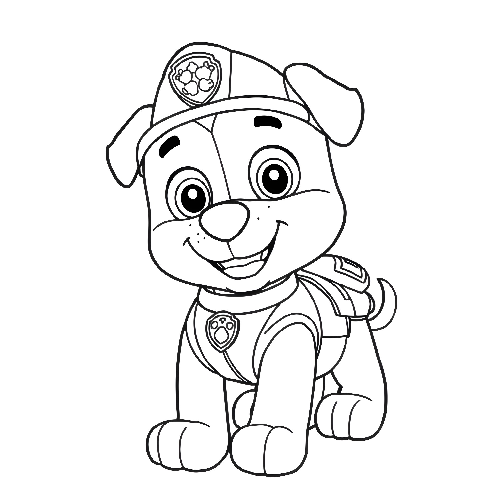 Rubble the Puppy in Uniform Smiling Happily Coloring Page (free black-and-white line drawing printable PDF for all, from beginners to advanced learners, including children, teens, adults, and seniors)