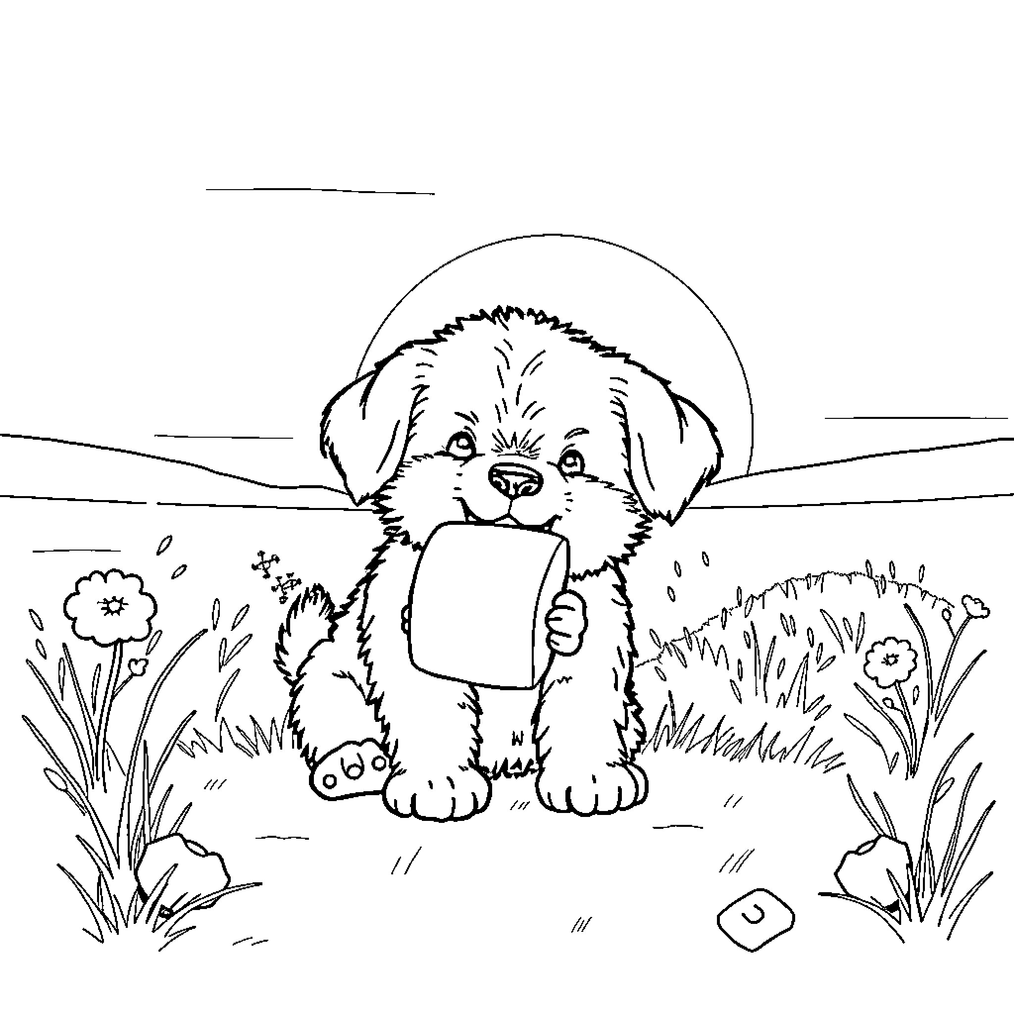 Puppy exploring a grassy field with flowers Coloring Page (free black-and-white line drawing printable PDF for all, from beginners to advanced learners, including children, teens, adults, and seniors)