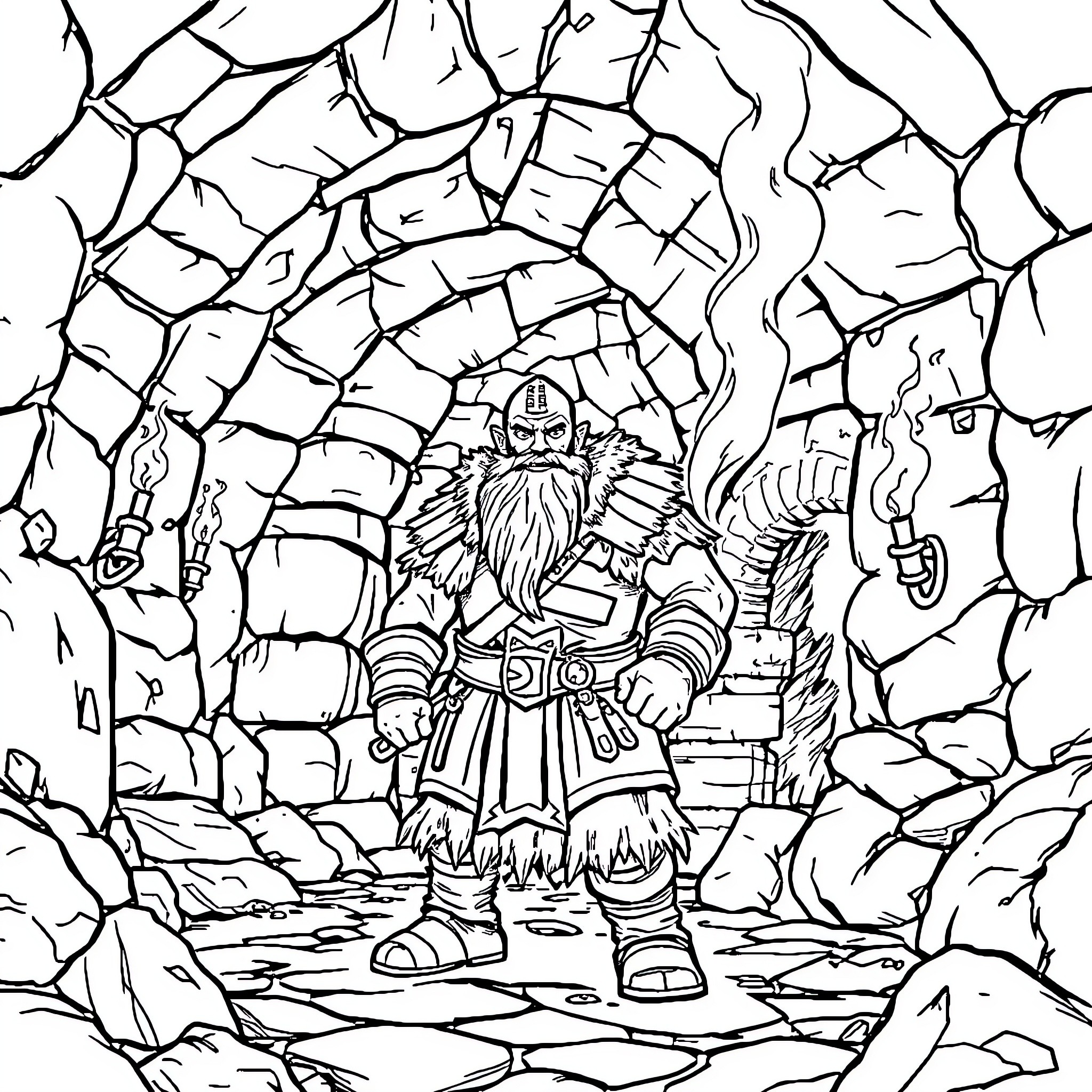 Dwarf warrior in a rocky cave Coloring Page (free black-and-white line drawing printable PDF for all, from beginners to advanced learners, including children, teens, adults, and seniors)