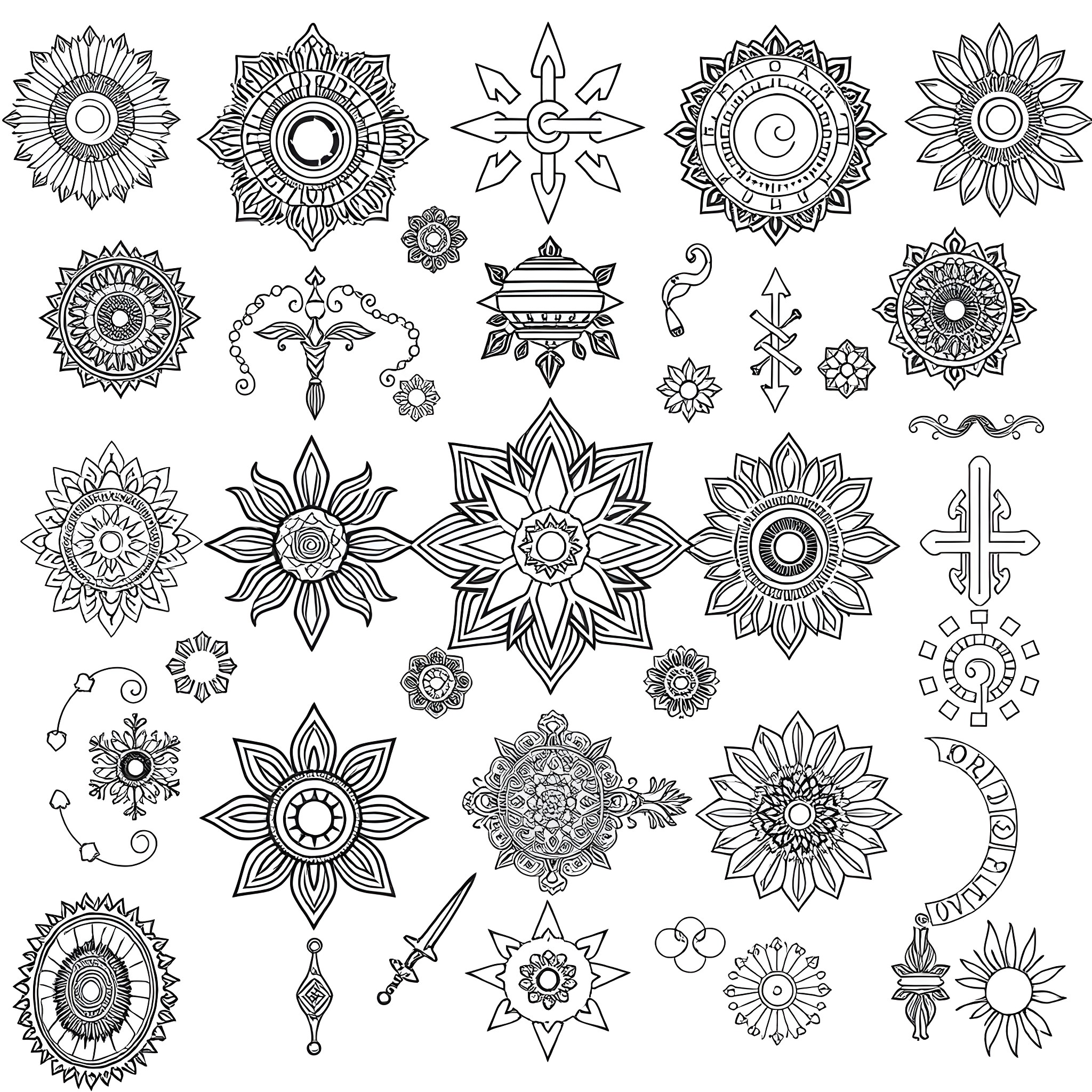 Design Motif of intricate floral patterns and geometric shapes Coloring Page (free black-and-white line drawing printable PDF for all, from beginners to advanced learners, including children, teens, adults, and seniors)