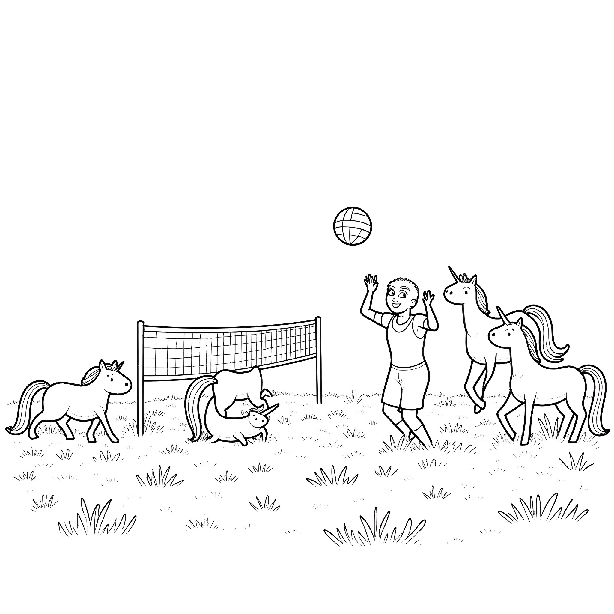 Spidey having fun with horses and ball in the field Coloring Page (free black-and-white line drawing printable PDF for all, from beginners to advanced learners, including children, teens, adults, and seniors)
