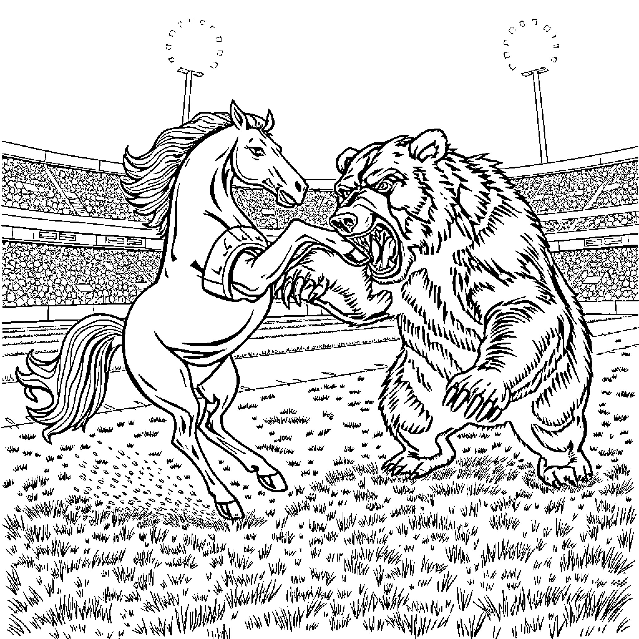 Bronco Horse Confronting Fierce Bear in Arena Coloring Page (free black-and-white line drawing printable PDF for all, from beginners to advanced learners, including children, teens, adults, and seniors)