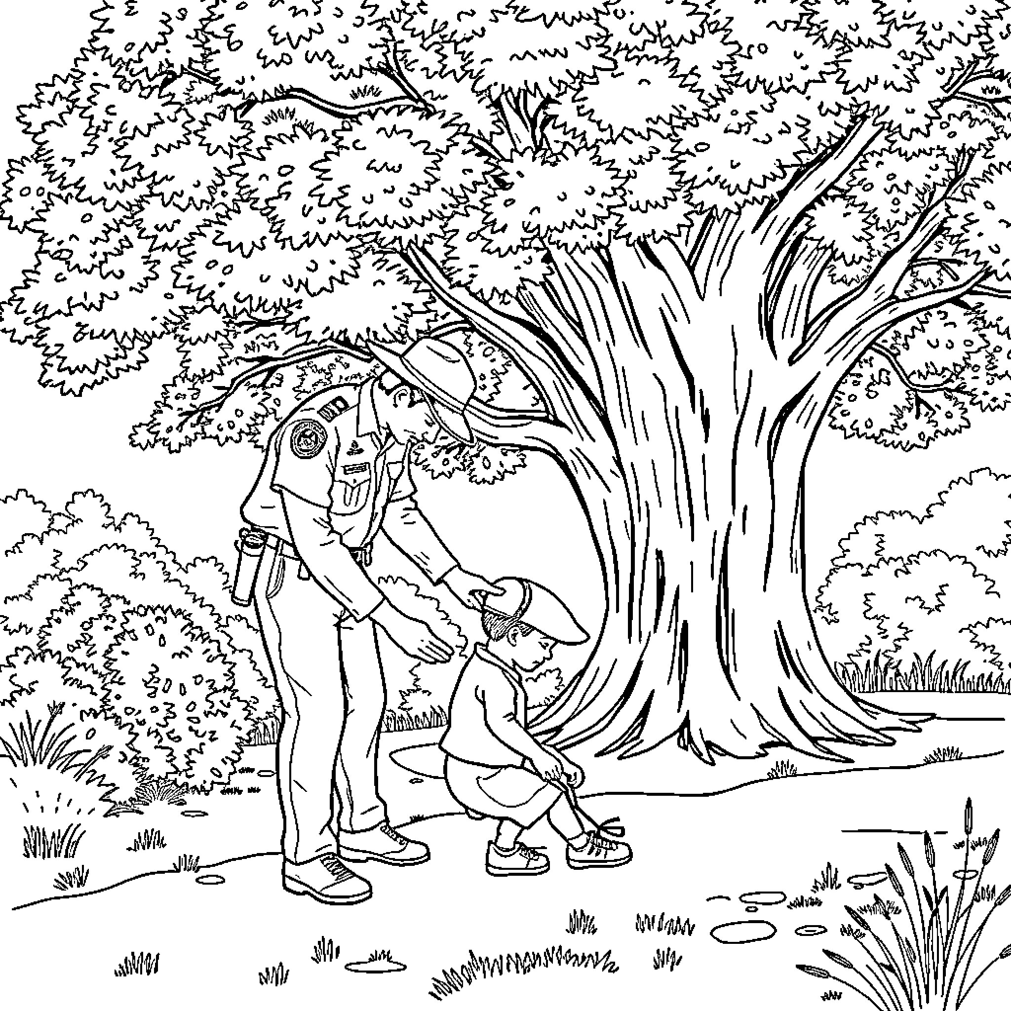 Ranger assisting young campers in scenic woodland Coloring Page (free black-and-white line drawing printable PDF for all, from beginners to advanced learners, including children, teens, adults, and seniors)