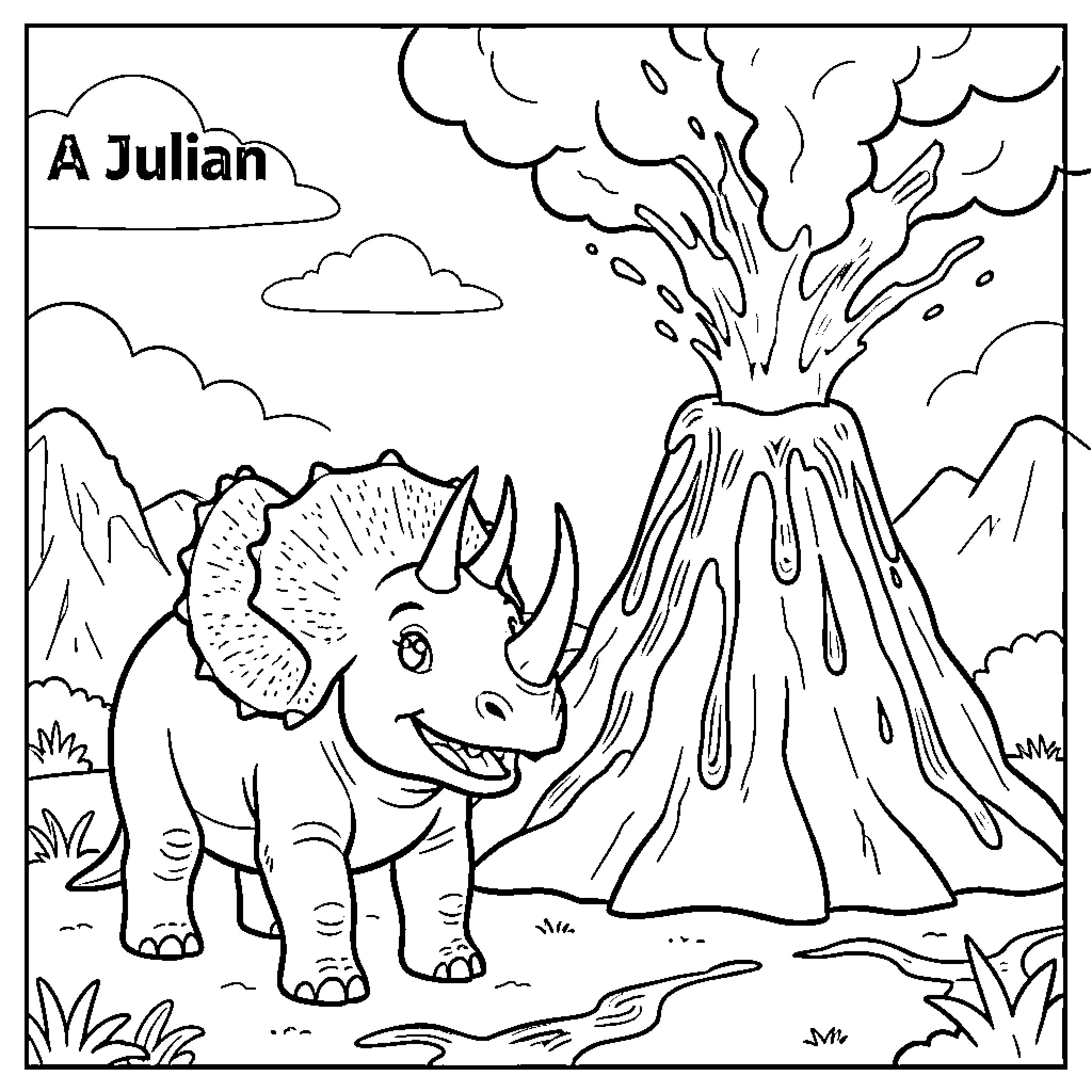 Triceratops exploring a volcanic landscape Coloring Page (free black-and-white line drawing printable PDF for all, from beginners to advanced learners, including children, teens, adults, and seniors)
