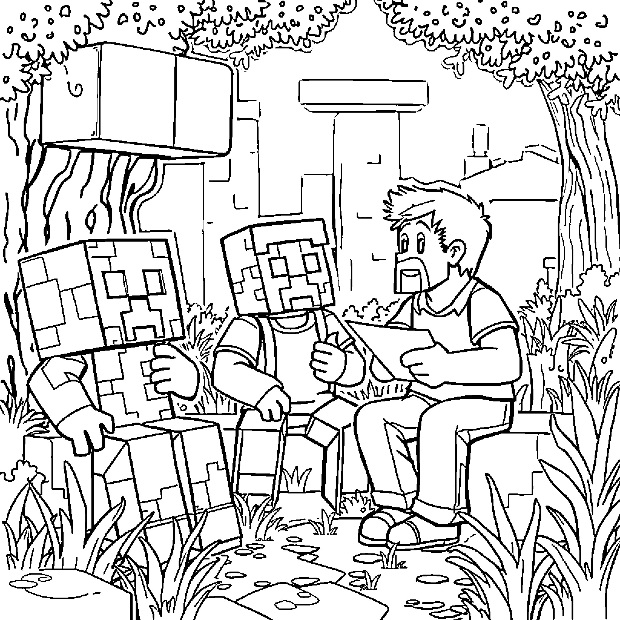 Creeper Surprises Unsuspecting Man in Park Coloring Page (free black-and-white line drawing printable PDF for all, from beginners to advanced learners, including children, teens, adults, and seniors)