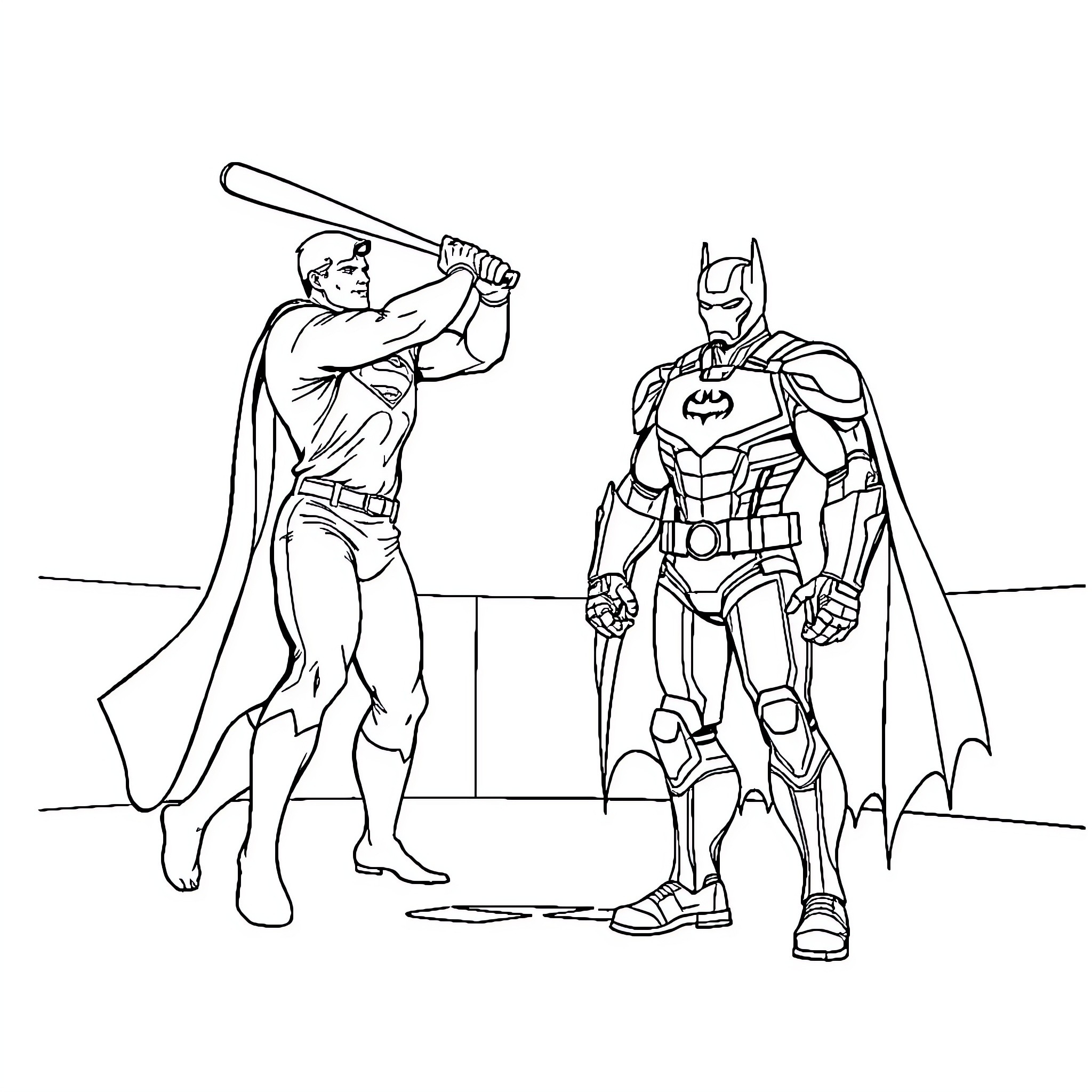 Superman and Batman in heroic poses Coloring Page (free black-and-white line drawing printable PDF for all, from beginners to advanced learners, including children, teens, adults, and seniors)