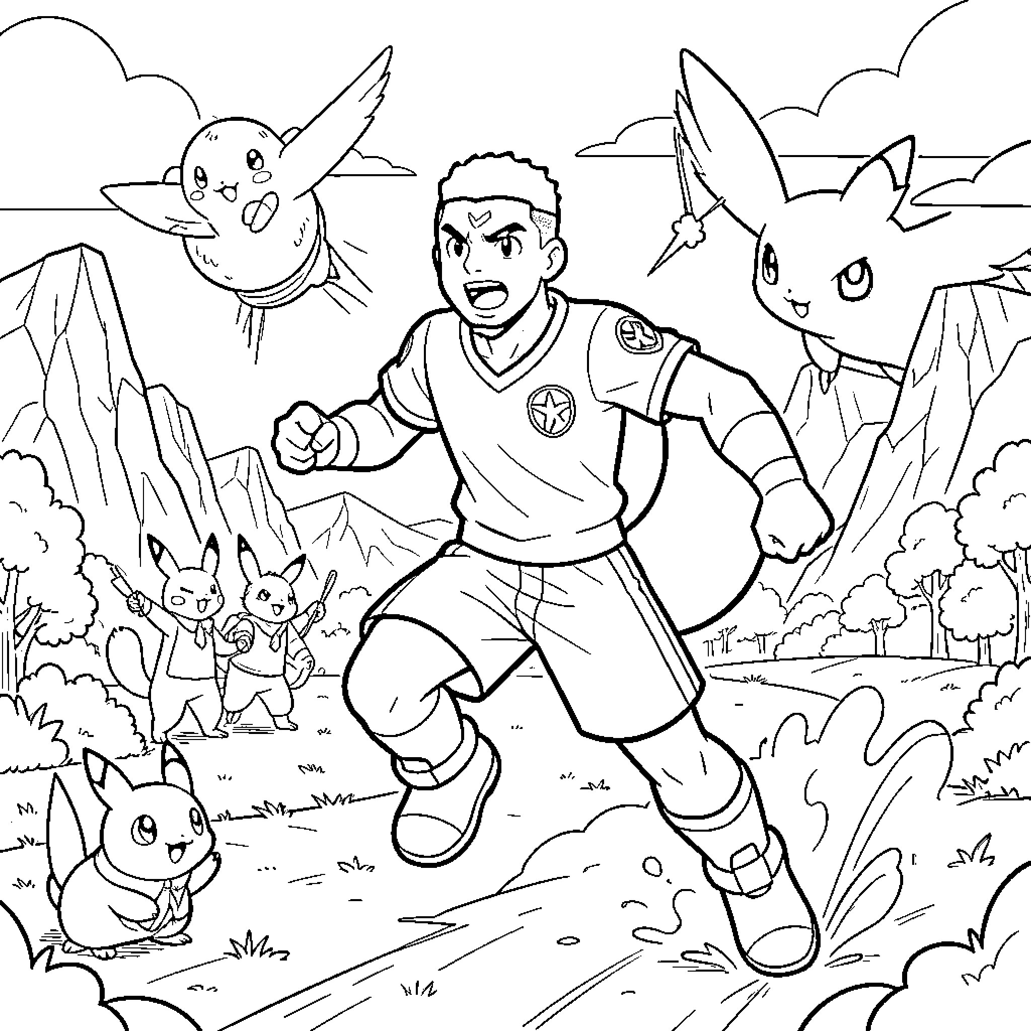 Mbappe running energetically through a landscape with creatures Coloring Page (free black-and-white line drawing printable PDF for all, from beginners to advanced learners, including children, teens, adults, and seniors)