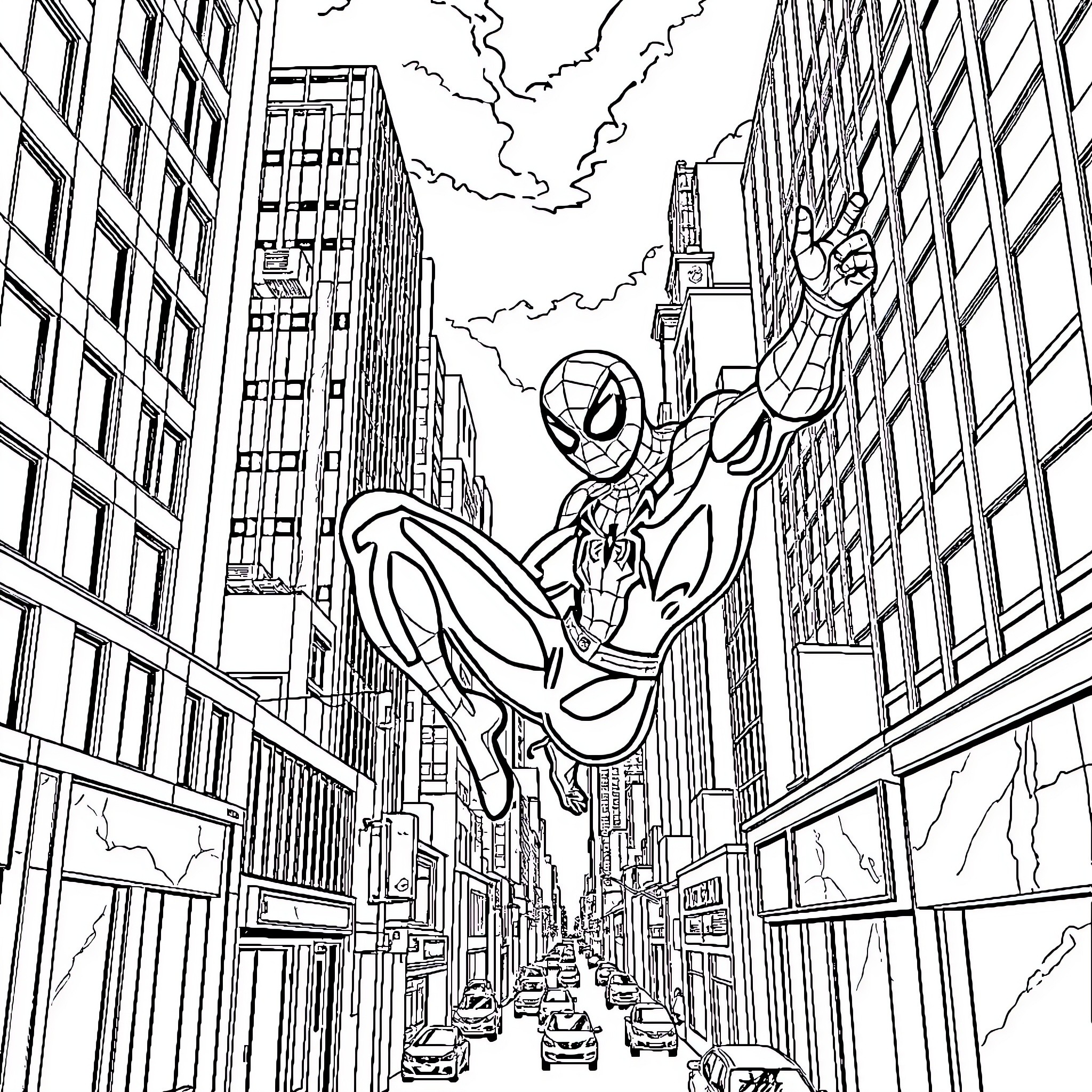 Spiderman swinging through the city skyline Coloring Page (free black-and-white line drawing printable PDF for all, from beginners to advanced learners, including children, teens, adults, and seniors)
