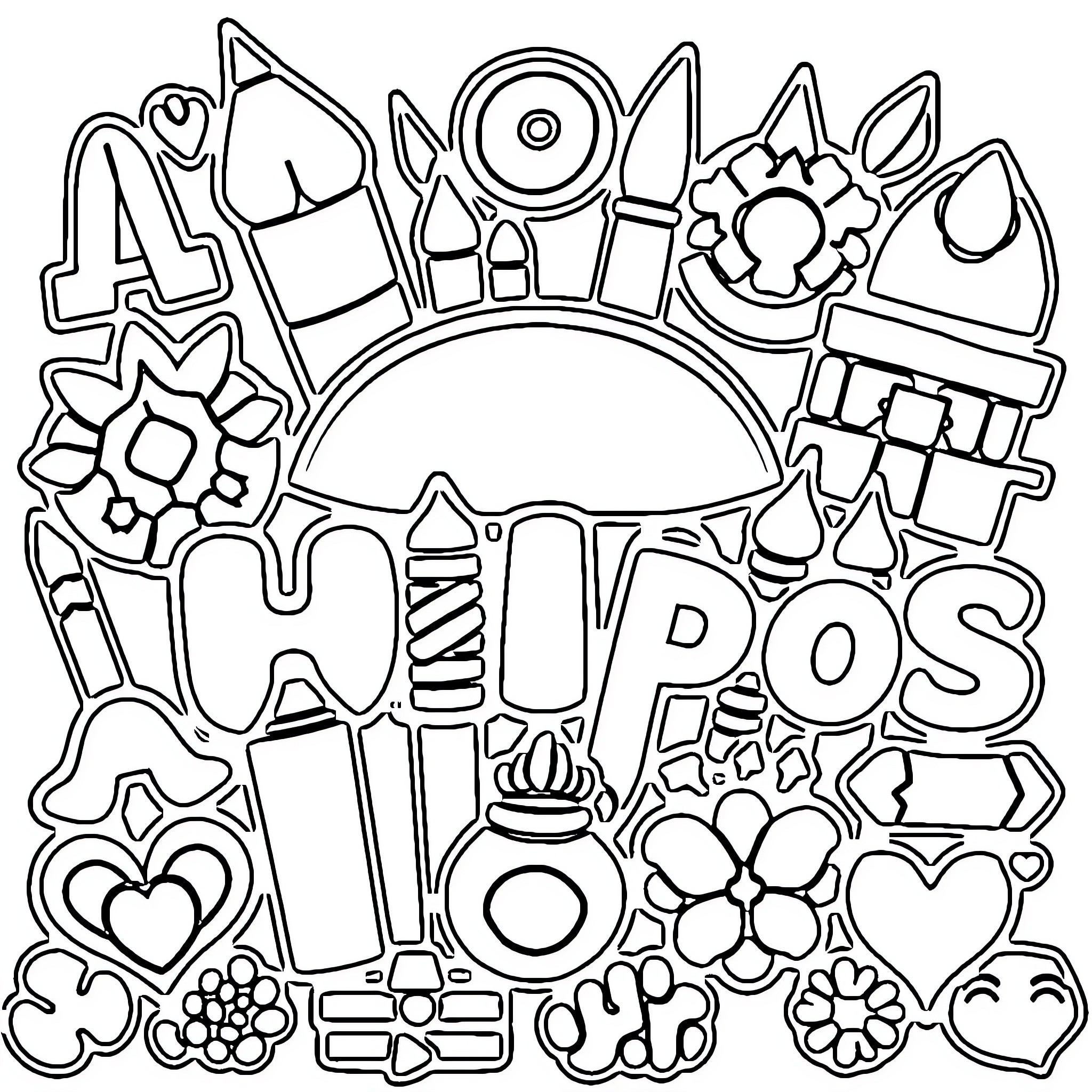 Logo with various fun and playful icons Coloring Page (free black-and-white line drawing printable PDF for all, from beginners to advanced learners, including children, teens, adults, and seniors)