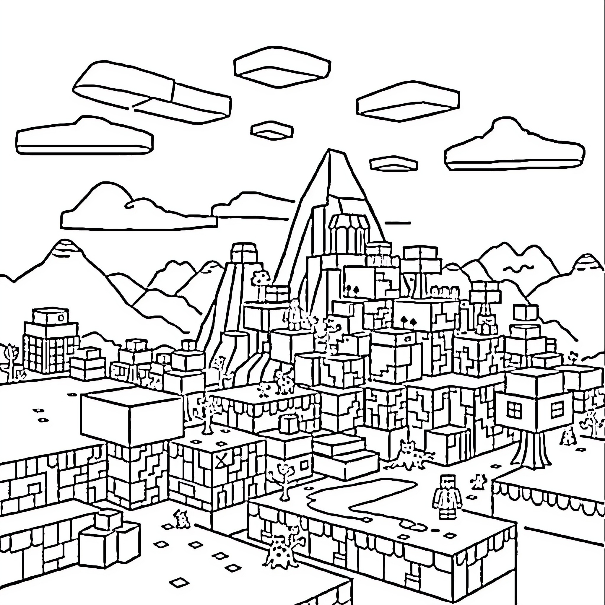 Minecraft Cityscape with Floating Islands and Structures Coloring Page (free black-and-white line drawing printable PDF for all, from beginners to advanced learners, including children, teens, adults, and seniors)