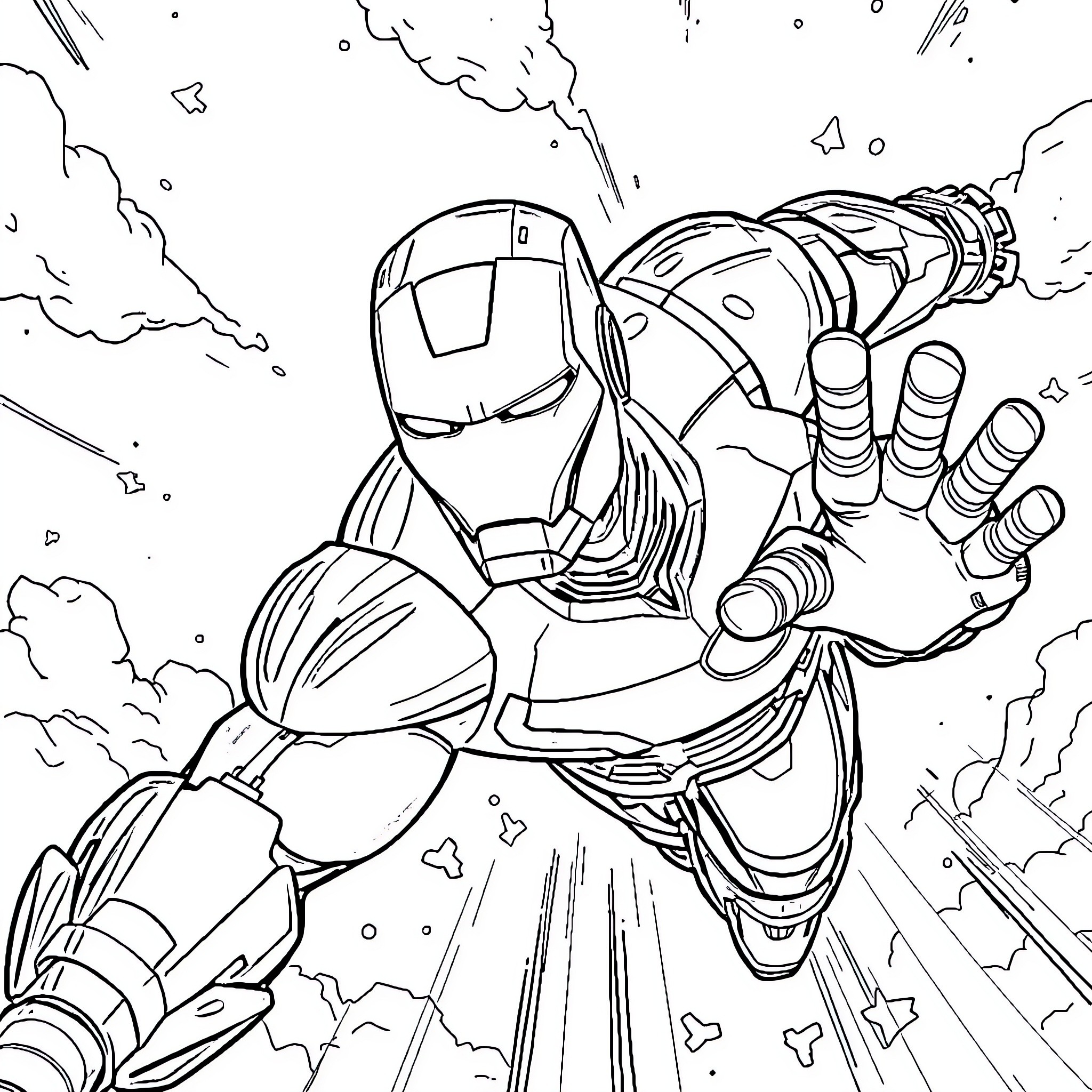Iron Man Soaring Through the Skies in Action Coloring Page (free black-and-white line drawing printable PDF for all, from beginners to advanced learners, including children, teens, adults, and seniors)
