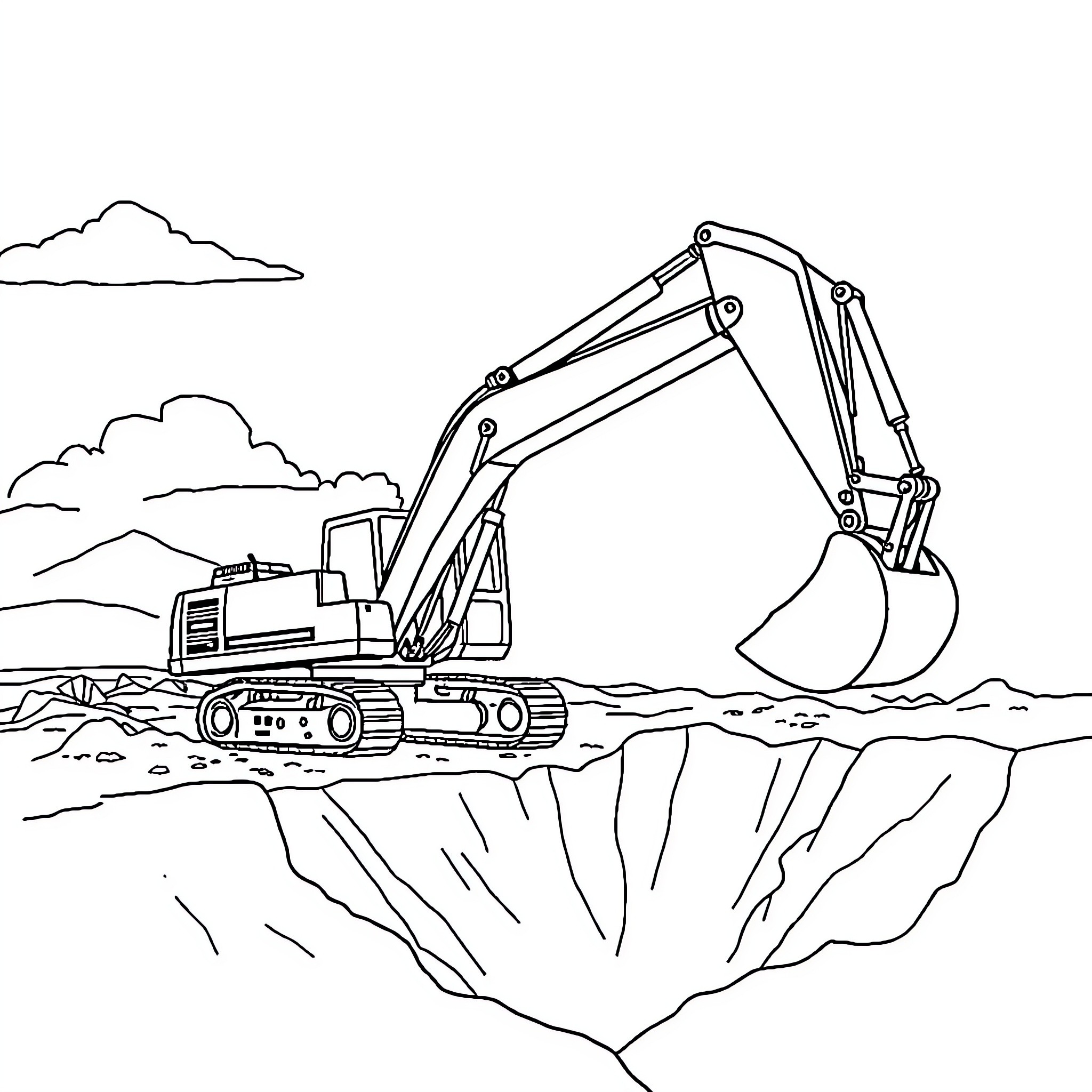 Excavator at Work on Construction Site Coloring Page (free black-and-white line drawing printable PDF for all, from beginners to advanced learners, including children, teens, adults, and seniors)