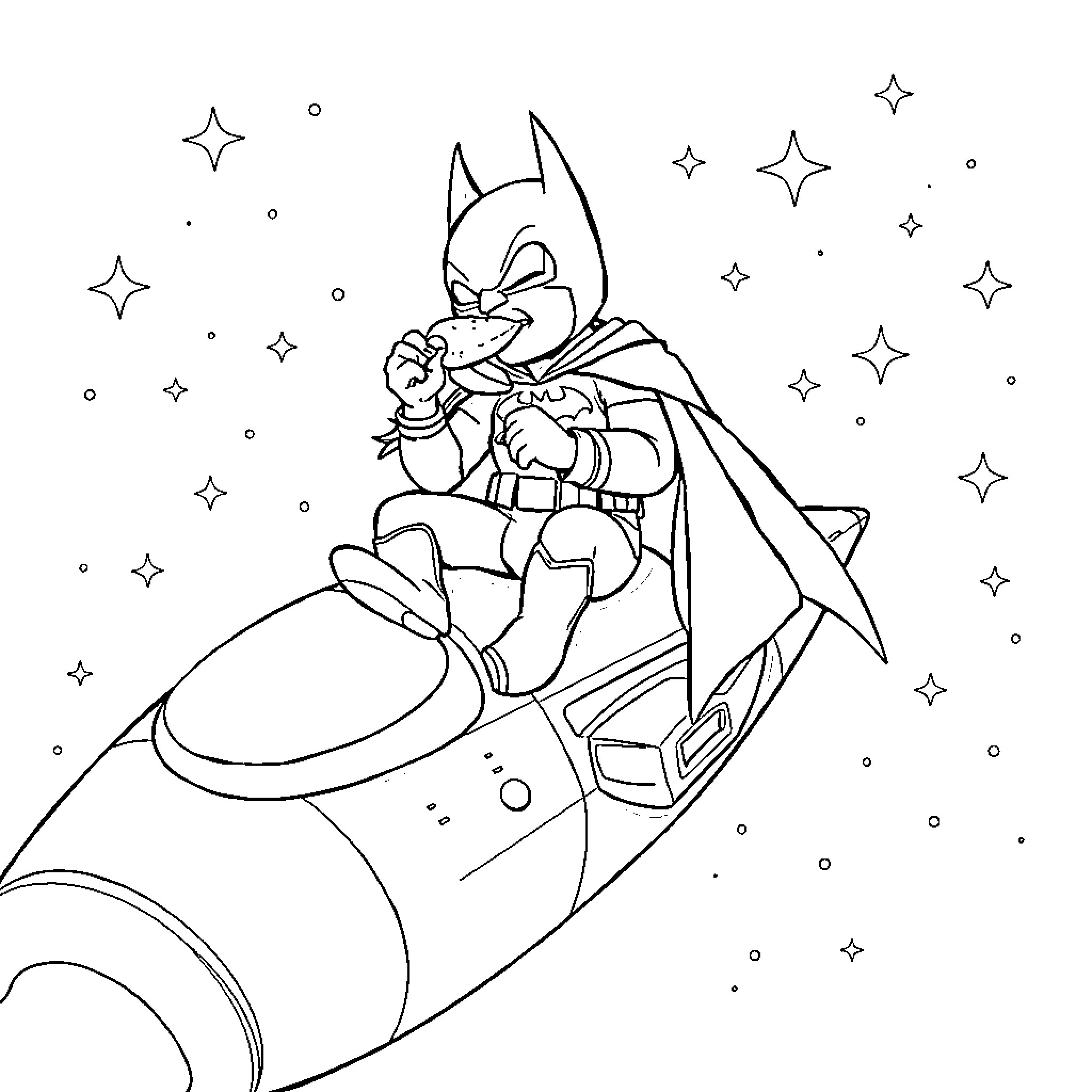 Batman piloting a futuristic spacecraft amidst the stars Coloring Page (free black-and-white line drawing printable PDF for all, from beginners to advanced learners, including children, teens, adults, and seniors)