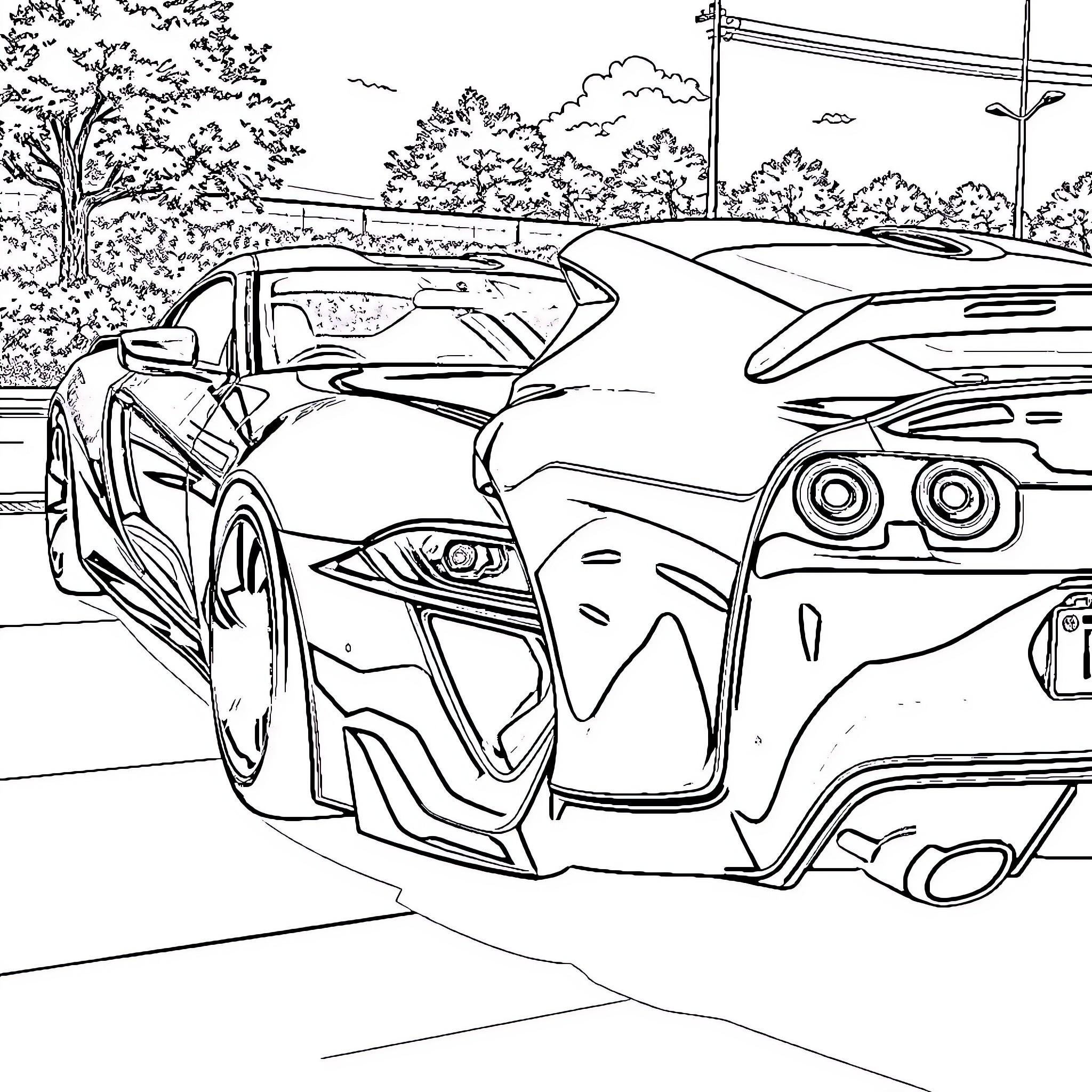 Toyota sports car speeding through scenic landscape Coloring Page (free black-and-white line drawing printable PDF for all, from beginners to advanced learners, including children, teens, adults, and seniors)